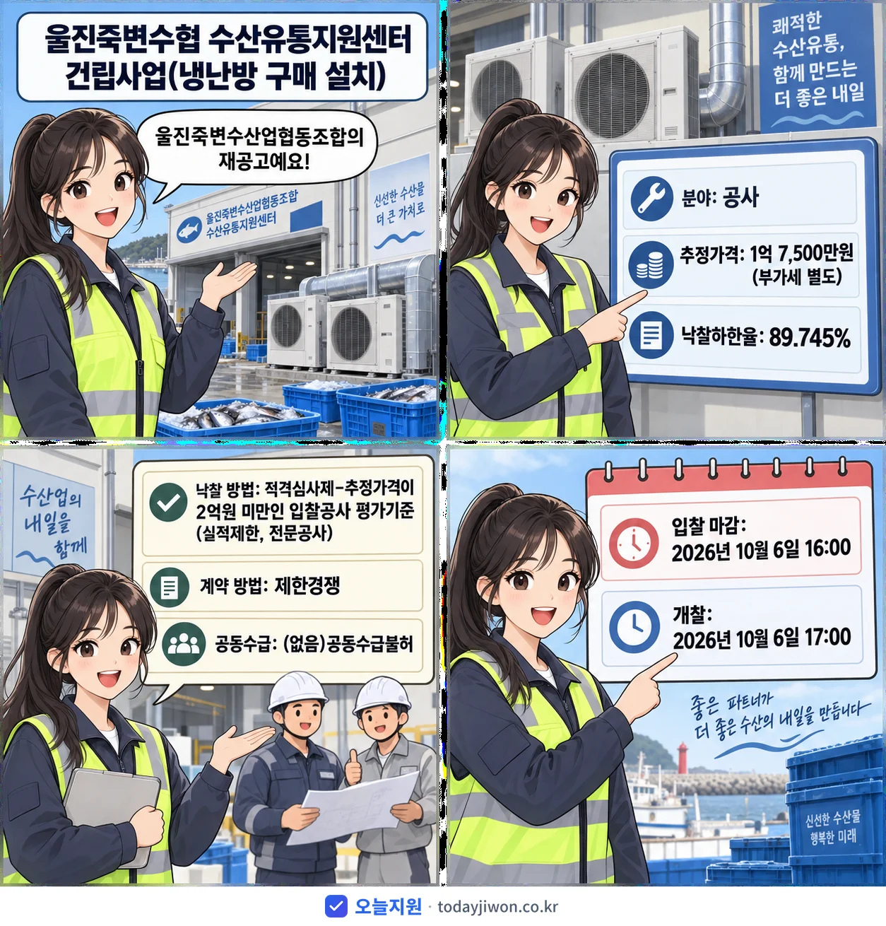 4컷 만화로 보는 공고: 울진죽변수산업협동조합 '울진죽변수협 수산유통지원센터 건립사업(냉난방 구매 설치)', 추정가격 1억 7,500만원, 입찰 마감 10/6 16:00