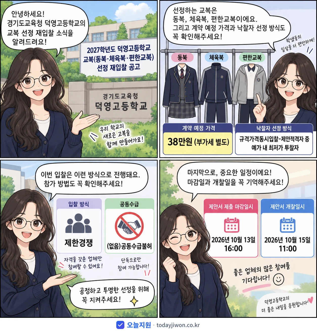 4컷 만화로 보는 공고: 경기도교육청 덕영고등학교 '학년도 덕영고등학교 교복(동복·체육복·편한교복) 선정 재입찰 공고', 추정가격 38만원, 입찰 마감 10/13 16:00