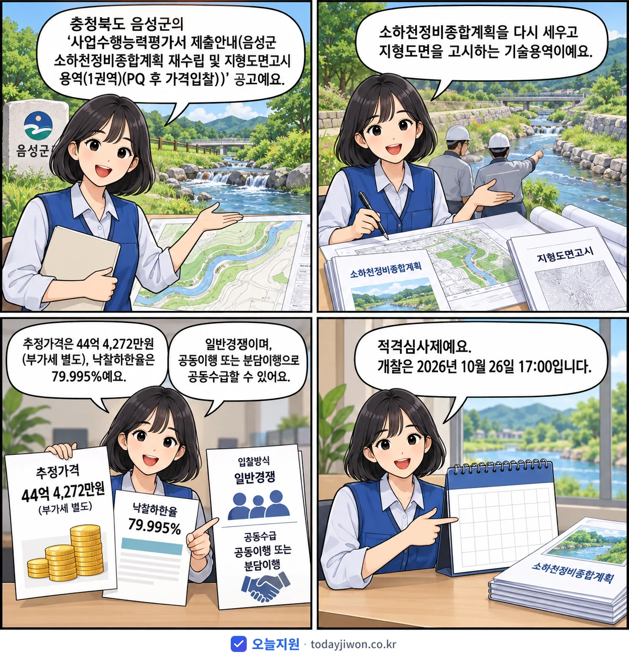 4컷 만화로 보는 공고: 충청북도 음성군 '사업수행능력평가서 제출안내(음성군 소하천정비종합계획 재수립 및 지형도면…', 추정가격 44억 4,272만원