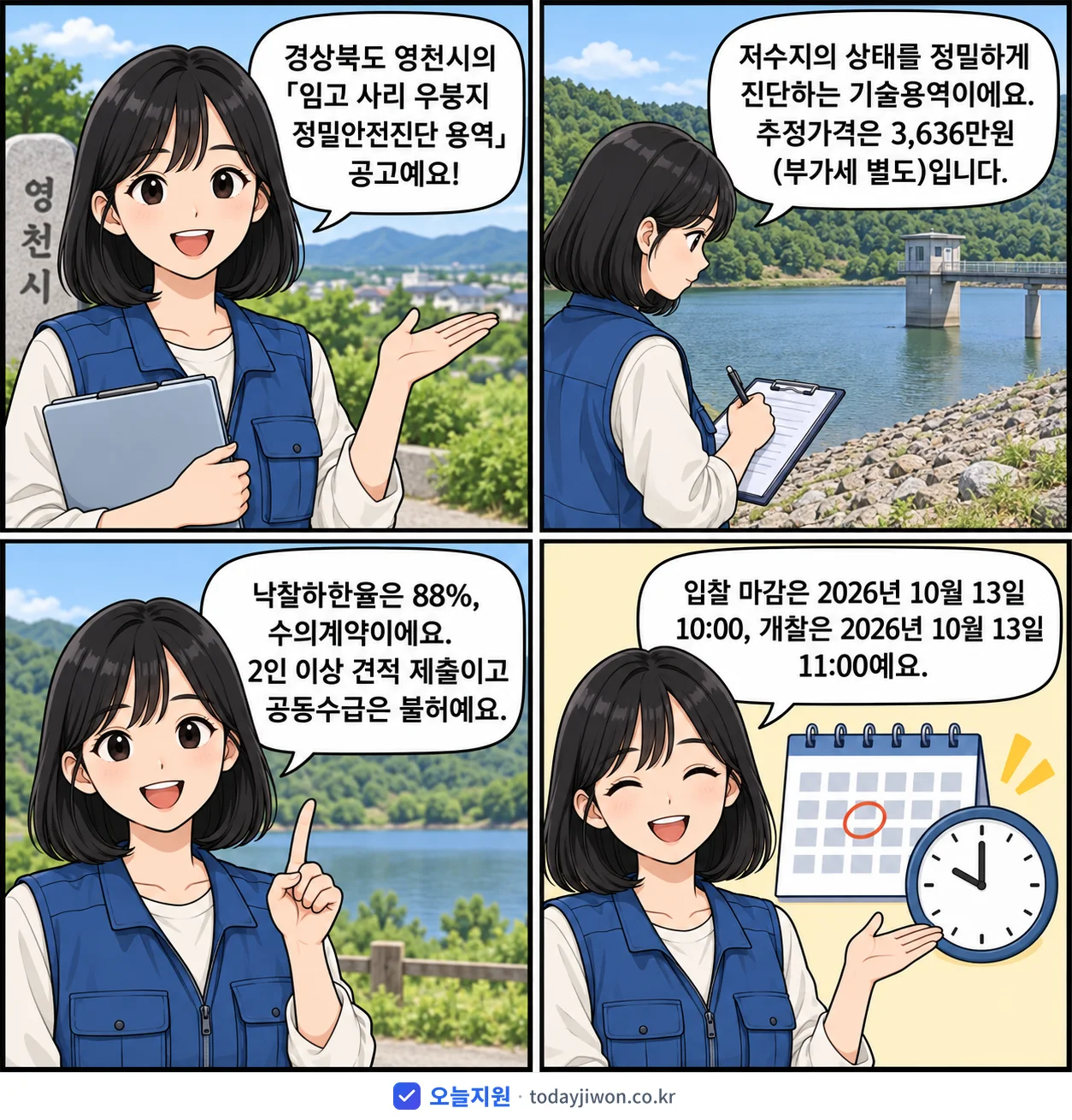 4컷 만화로 보는 공고: 경상북도 영천시 '임고 사리 우붕지 정밀안전진단 용역', 추정가격 3,636만원, 입찰 마감 10/13 10:00