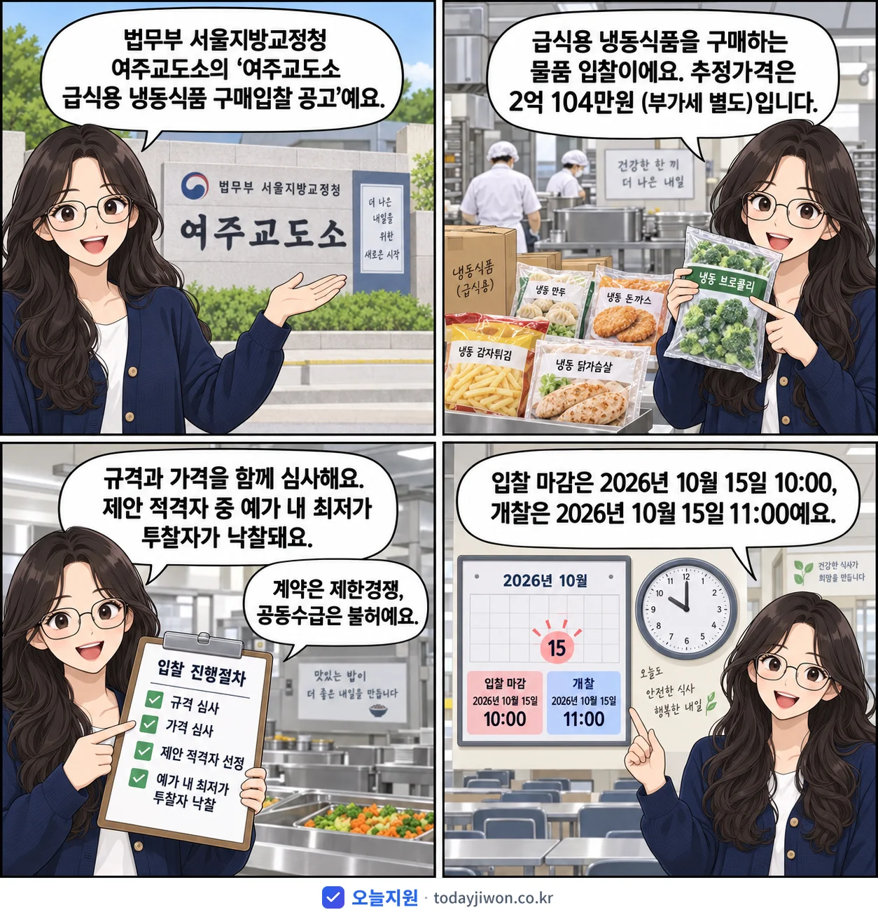 4컷 만화로 보는 공고: 법무부 서울지방교정청 여주교도소 '여주교도소 급식용 냉동식품 구매입찰 공고', 추정가격 2억 104만원, 입찰 마감 10/15 10:00