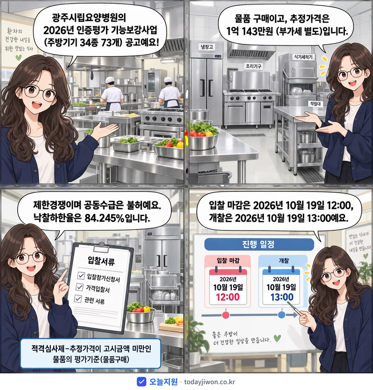4컷 만화로 보는 공고: 광주시립요양병원 '인증평가 기능보강사업(주방기기 34종 73개)', 추정가격 1억 143만원, 입찰 마감 10/19 12:00