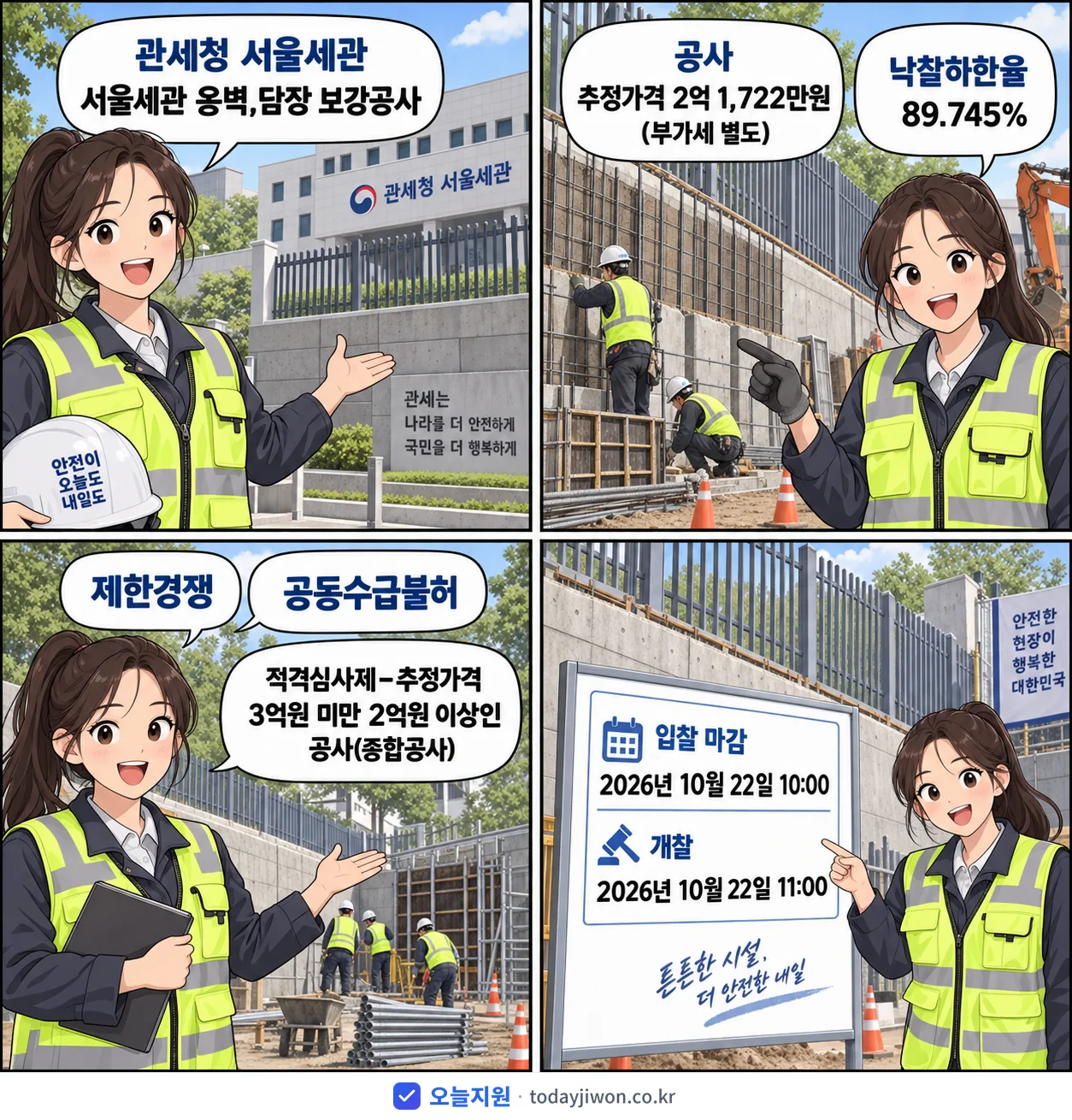 4컷 만화로 보는 공고: 관세청 서울세관 '서울세관 옹벽,담장 보강공사', 추정가격 2억 1,722만원, 입찰 마감 10/22 10:00