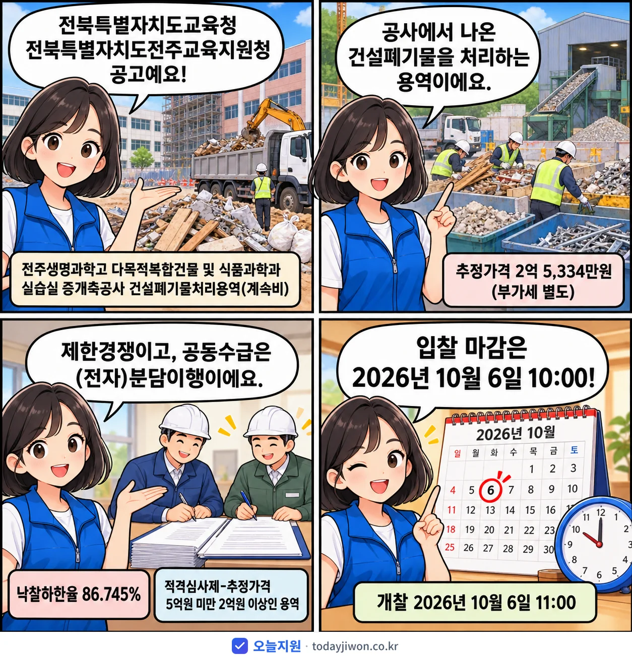 4컷 만화로 보는 공고: 전북특별자치도교육청 전북특별자치도전주교육지원청 '전주생명과학고 다목적복합건물 및 식품과학과 실습실 증개축공사 건설폐기물…', 추정가격 2억 5,334만원, 입찰 마감 10/6 10:00