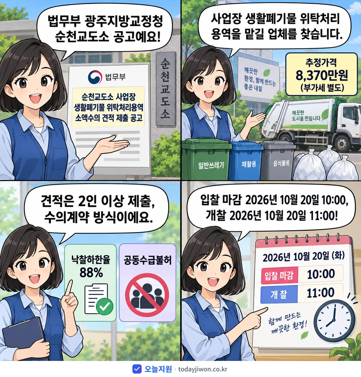4컷 만화로 보는 공고: 법무부 광주지방교정청 순천교도소 '순천교도소 사업장 생활폐기물 위탁처리용역 소액수의 견적 제출 공고', 추정가격 8,370만원, 입찰 마감 10/20 10:00