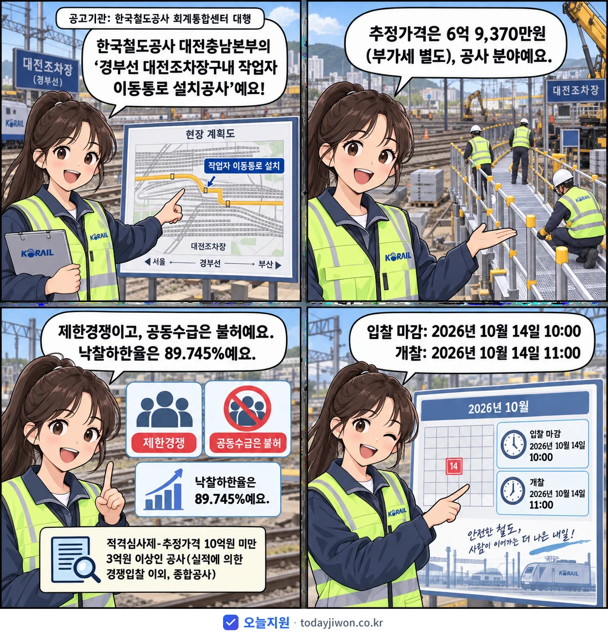 4컷 만화로 보는 공고: 한국철도공사 대전충남본부 '경부선 대전조차장구내 작업자 이동통로 설치공사', 추정가격 6억 9,370만원, 입찰 마감 10/14 10:00