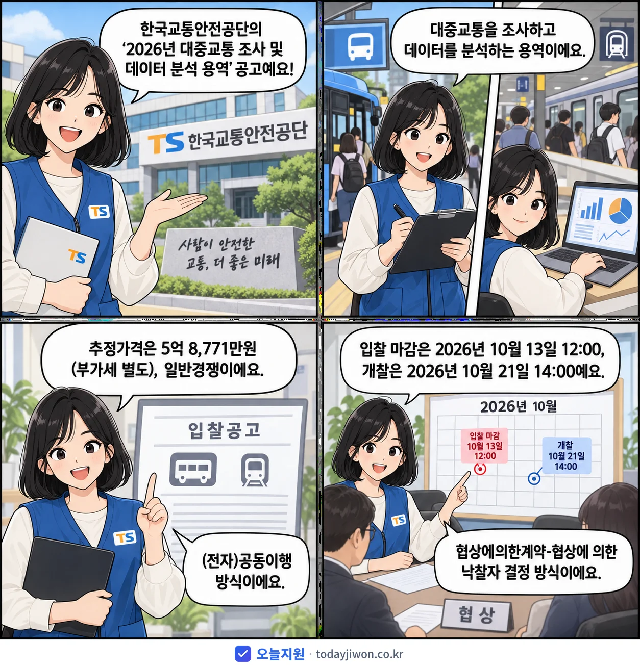 4컷 만화로 보는 공고: 한국교통안전공단 '대중교통 조사 및 데이터 분석 용역', 추정가격 5억 8,771만원, 입찰 마감 10/13 12:00