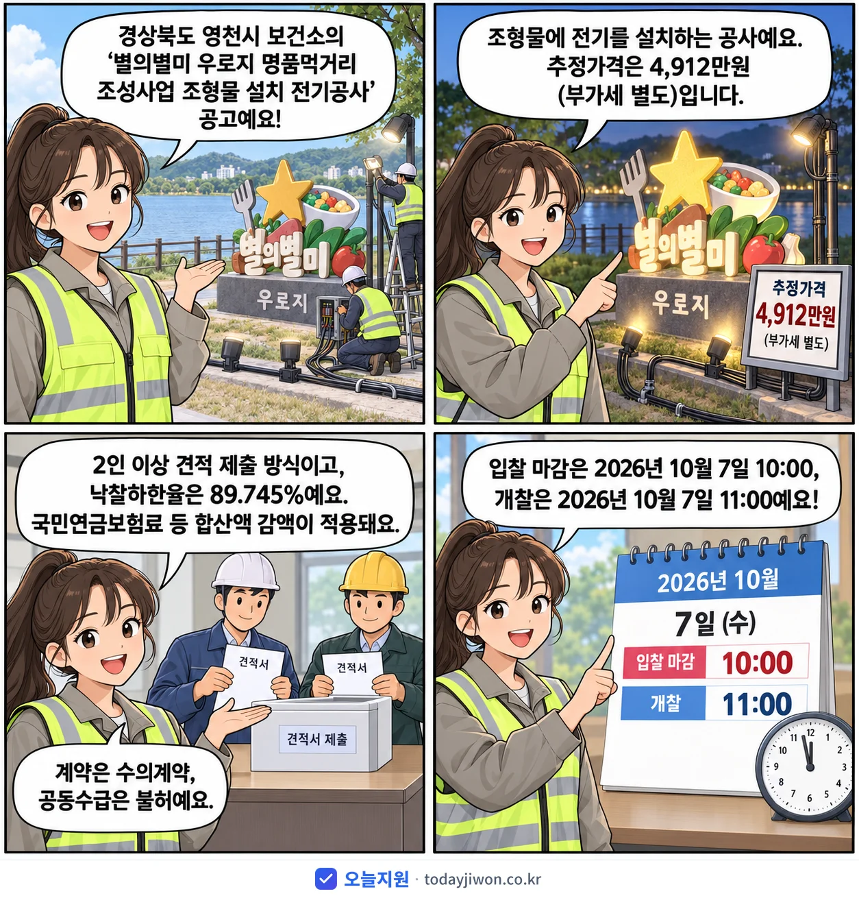 4컷 만화로 보는 공고: 경상북도 영천시 보건소 '별의별미 우로지 명품먹거리 조성사업 조형물 설치 전기공사', 추정가격 4,912만원, 입찰 마감 10/7 10:00