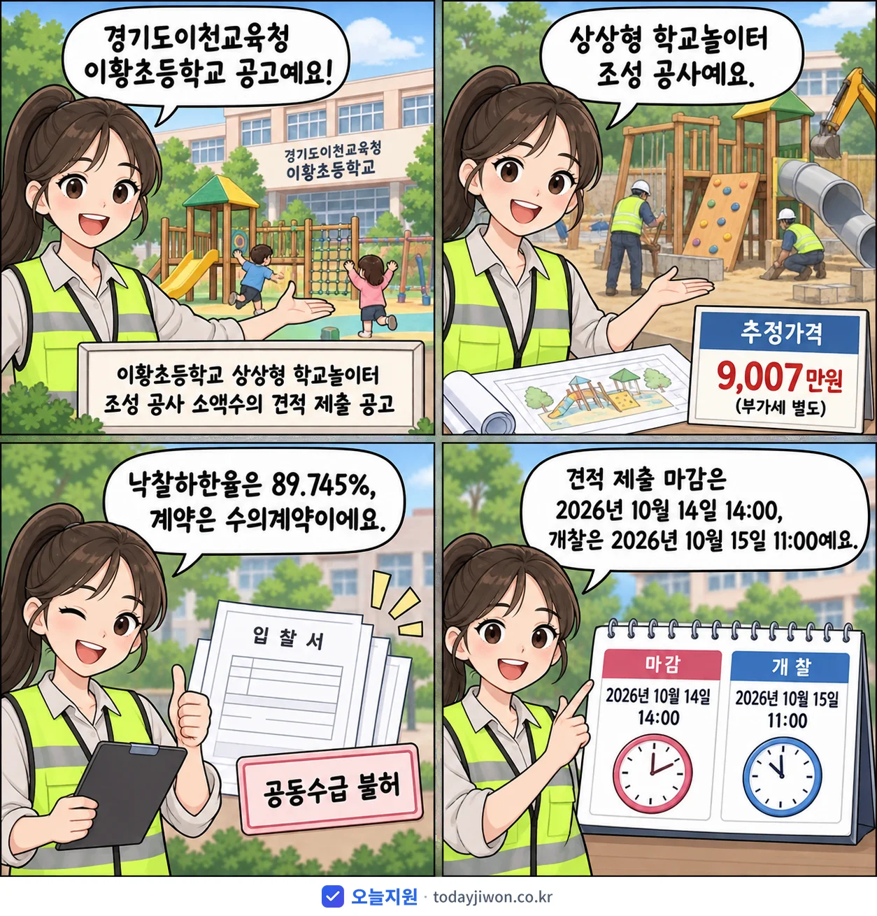 4컷 만화로 보는 공고: 경기도이천교육청 이황초등학교 '이황초등학교 상상형 학교놀이터 조성 공사 소액수의 견적 제출 공고', 추정가격 9,007만원, 입찰 마감 10/14 14:00