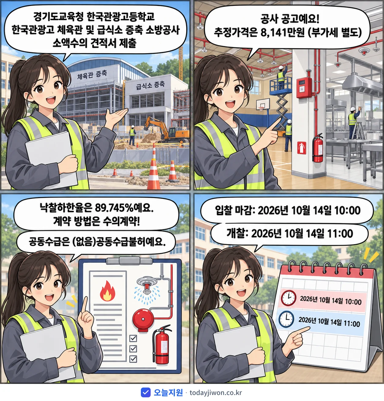 4컷 만화로 보는 공고: 경기도교육청 한국관광고등학교 '한국관광고 체육관 및 급식소 증축 소방공사 소액수의 견적서 제출', 추정가격 8,141만원, 입찰 마감 10/14 10:00
