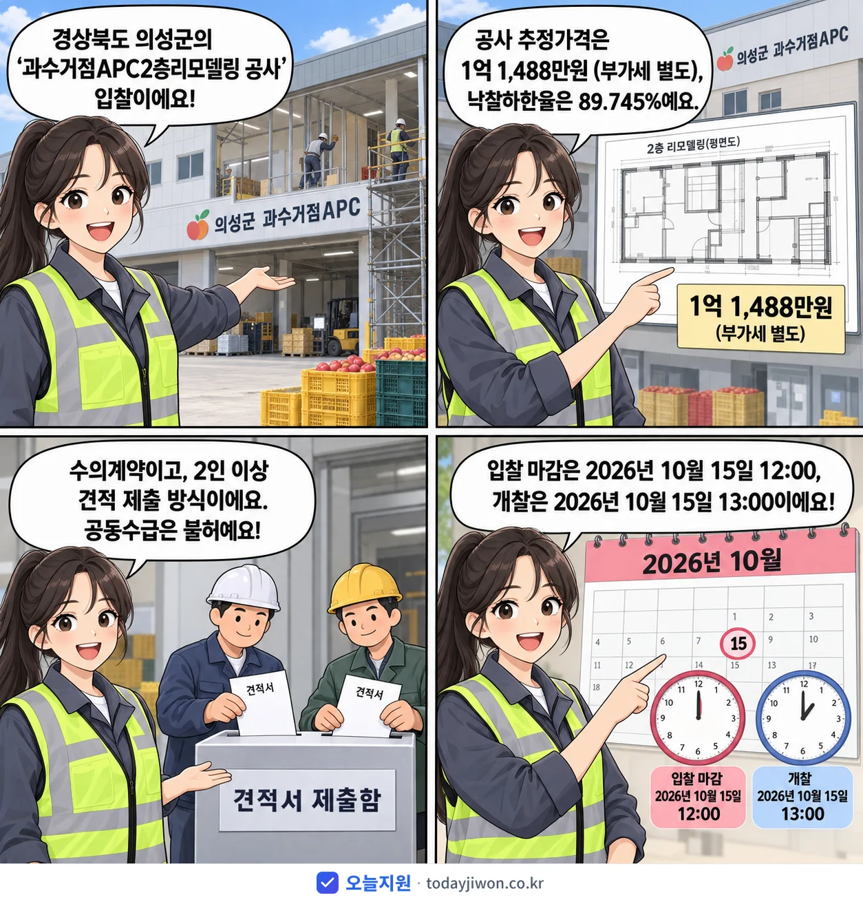 4컷 만화로 보는 공고: 경상북도 의성군 '과수거점APC2층리모델링 공사', 추정가격 1억 1,488만원, 입찰 마감 10/15 12:00