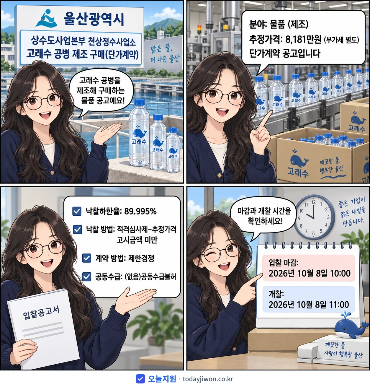 4컷 만화로 보는 공고: 울산광역시 '상수도사업본부 천상정수사업소 고래수 공병 제조 구매', 추정가격 8,181만원, 입찰 마감 10/8 10:00
