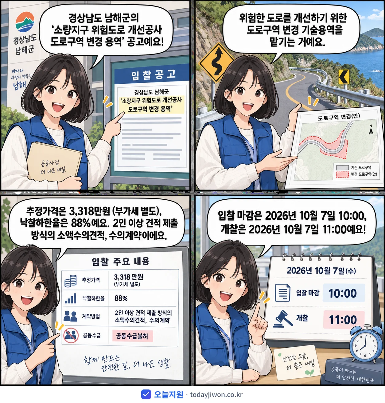 4컷 만화로 보는 공고: 경상남도 남해군 '소량지구 위험도로 개선공사 도로구역 변경 용역', 추정가격 3,318만원, 입찰 마감 10/7 10:00