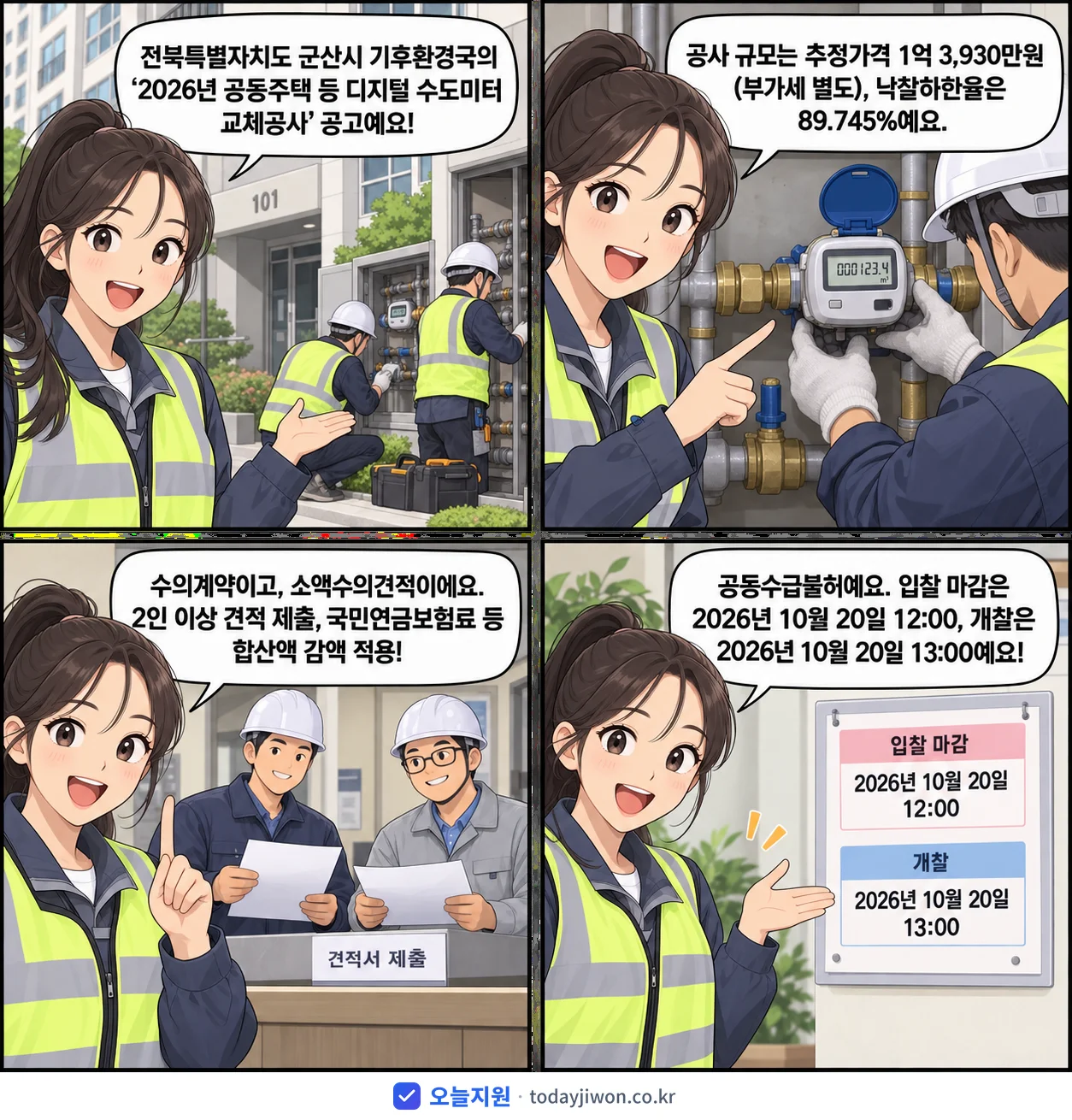 4컷 만화로 보는 공고: 전북특별자치도 군산시 기후환경국 '공동주택 등 디지털 수도미터 교체공사', 추정가격 1억 3,930만원, 입찰 마감 10/20 12:00