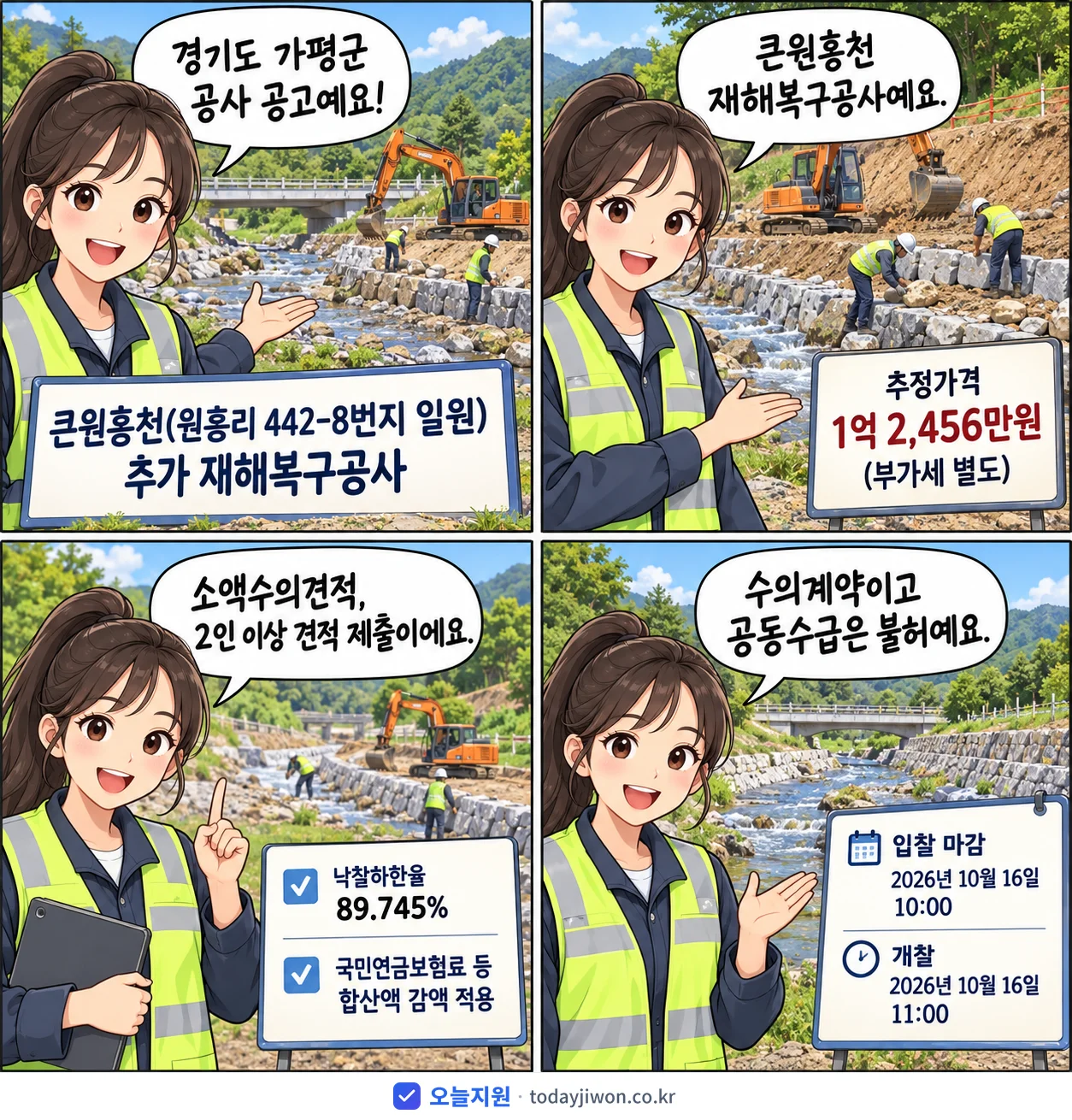 4컷 만화로 보는 공고: 경기도 가평군 '큰원흥천(원흥리 442-8번지 일원)추가 재해복구공사', 추정가격 1억 2,456만원, 입찰 마감 10/16 10:00