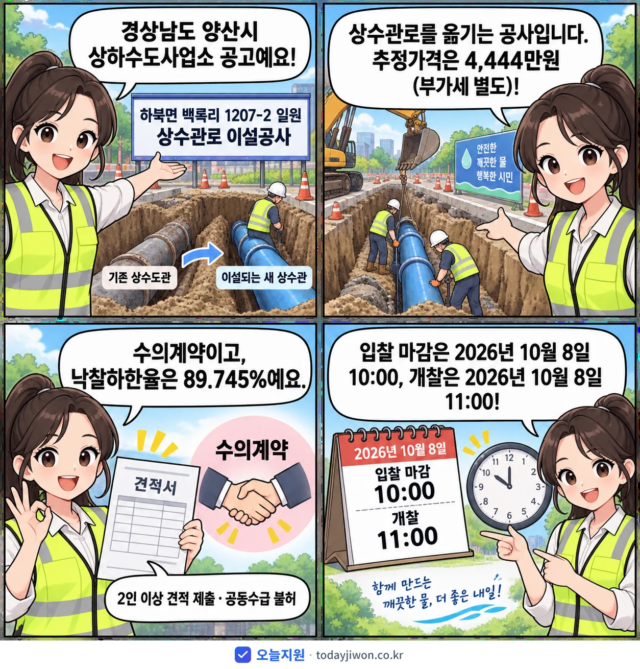 4컷 만화로 보는 공고: 경상남도 양산시 상하수도사업소 '하북면 백록리 1207-2 일원 상수관로 이설공사', 추정가격 4,444만원, 입찰 마감 10/8 10:00