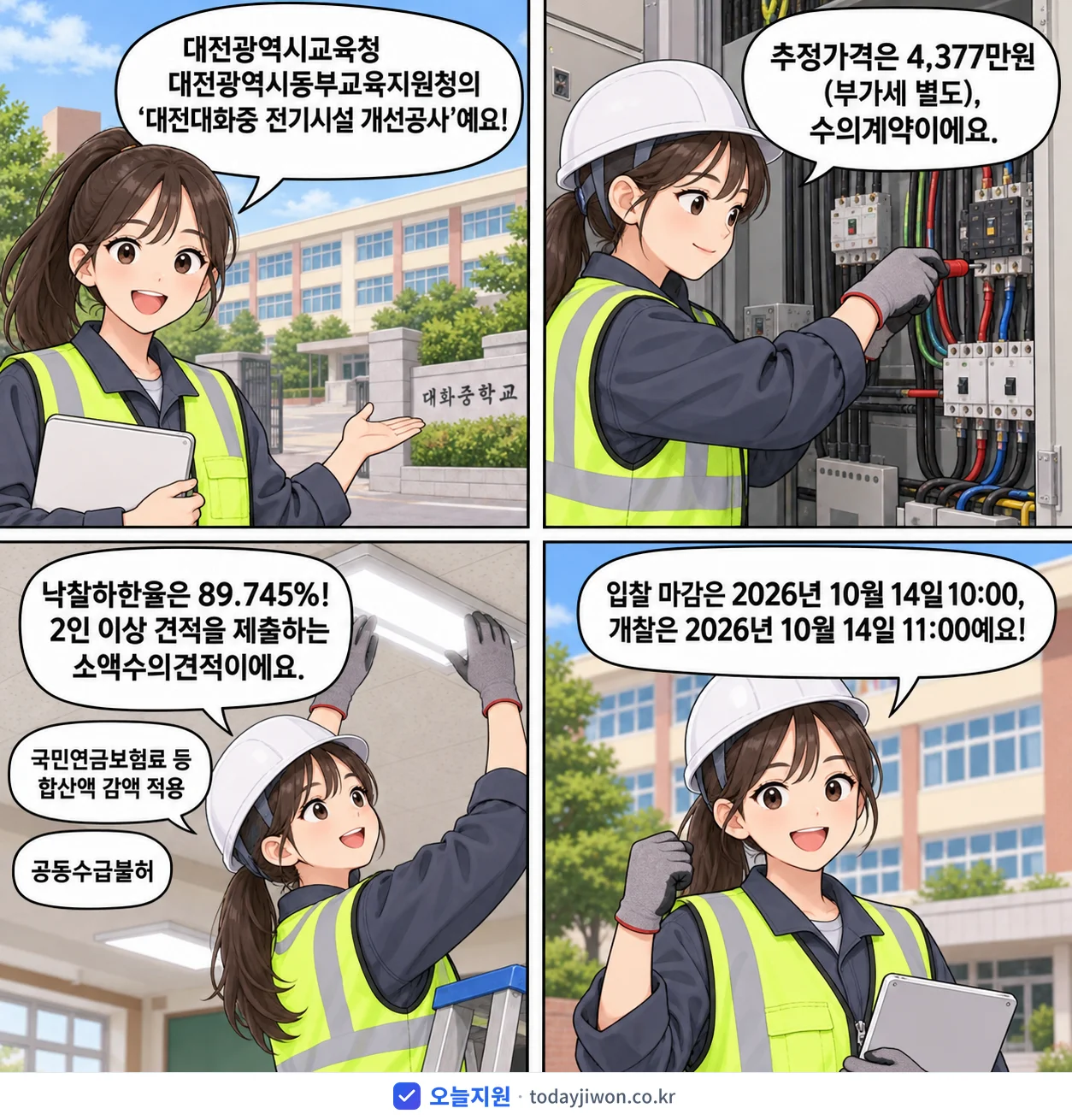 4컷 만화로 보는 공고: 대전광역시교육청 대전광역시동부교육지원청 '대전대화중 전기시설 개선공사', 추정가격 4,377만원, 입찰 마감 10/14 10:00