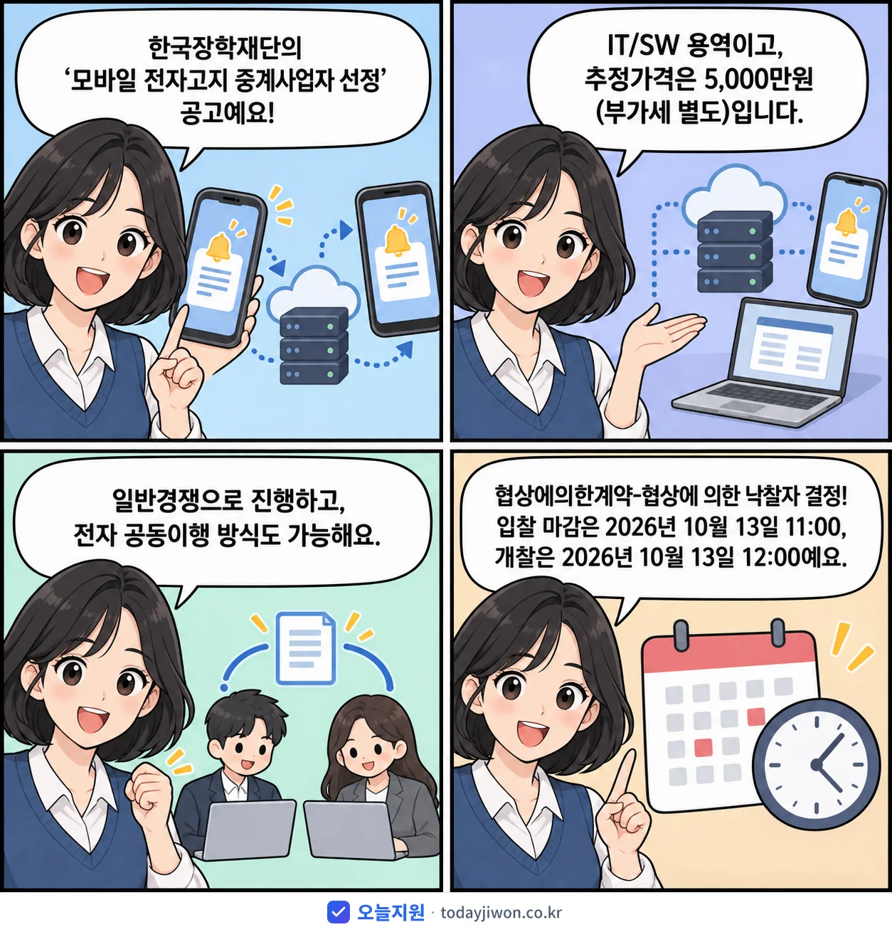 4컷 만화로 보는 공고: 한국장학재단 '모바일 전자고지 중계사업자 선정', 추정가격 5,000만원, 입찰 마감 10/13 11:00