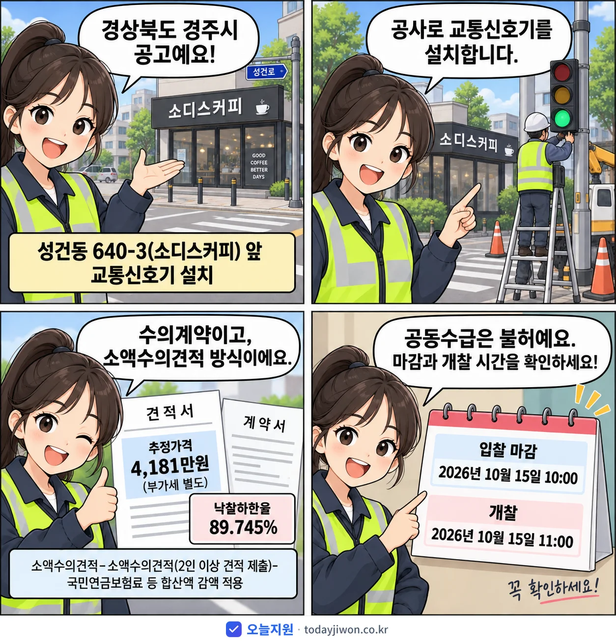 4컷 만화로 보는 공고: 경상북도 경주시 '성건동 640-3(소디스커피) 앞 교통신호기 설치', 추정가격 4,181만원, 입찰 마감 10/15 10:00
