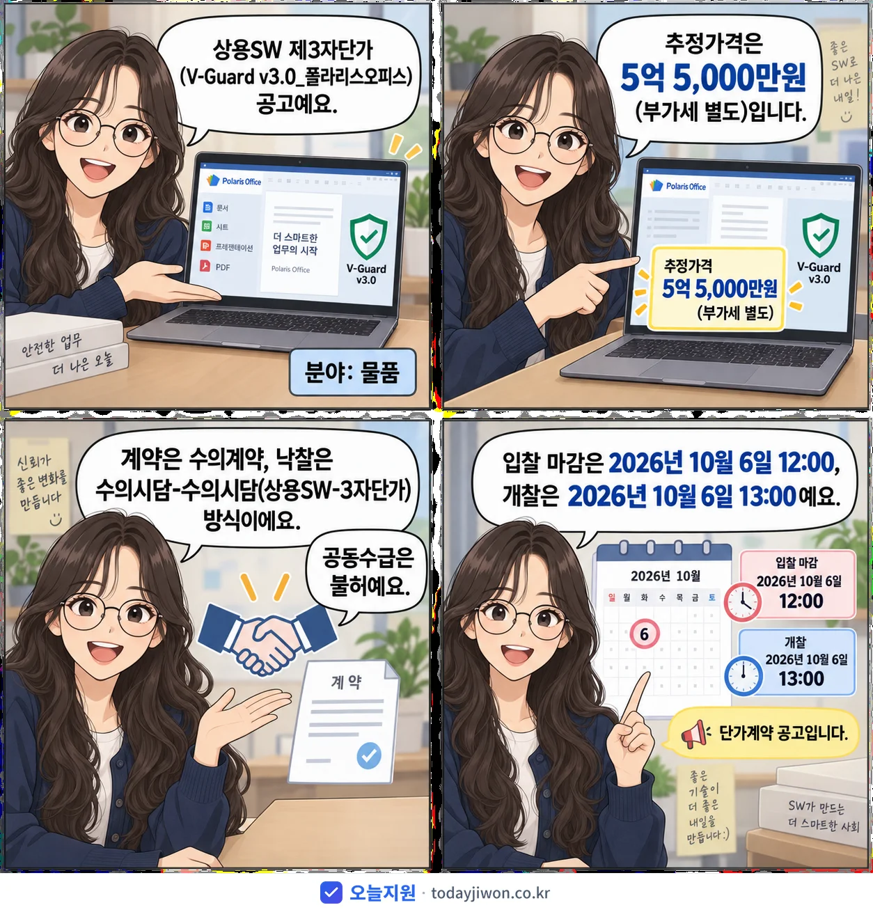 4컷 만화로 보는 공고: '상용SW 제3자단가(V-Guard v3.0_폴라리스오피스)', 추정가격 5억 5,000만원, 입찰 마감 10/6 12:00