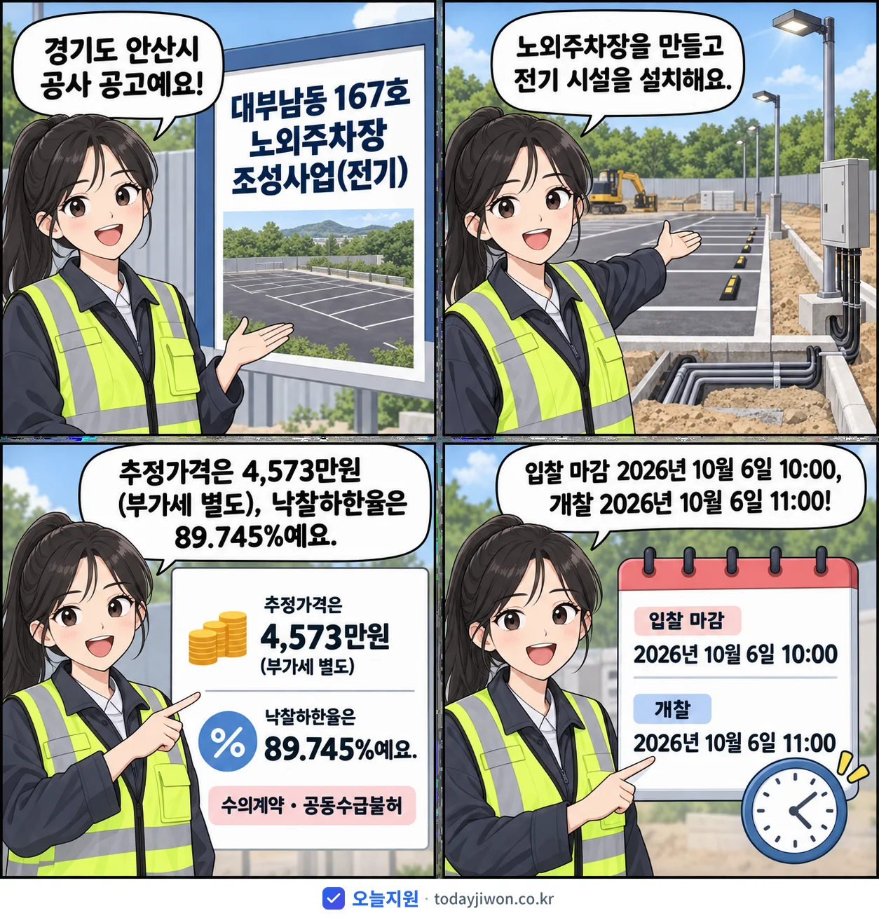 4컷 만화로 보는 공고: 경기도 안산시 '대부남동 167호 노외주차장 조성사업(전기)', 추정가격 4,573만원, 입찰 마감 10/6 10:00