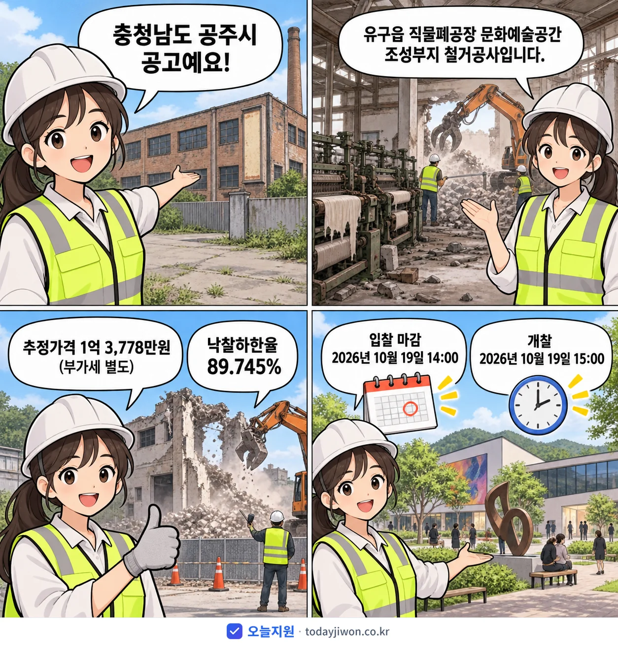 4컷 만화로 보는 공고: 충청남도 공주시 '유구읍 직물폐공장 문화예술공간 조성부지 철거공사', 추정가격 1억 3,778만원, 입찰 마감 10/19 14:00