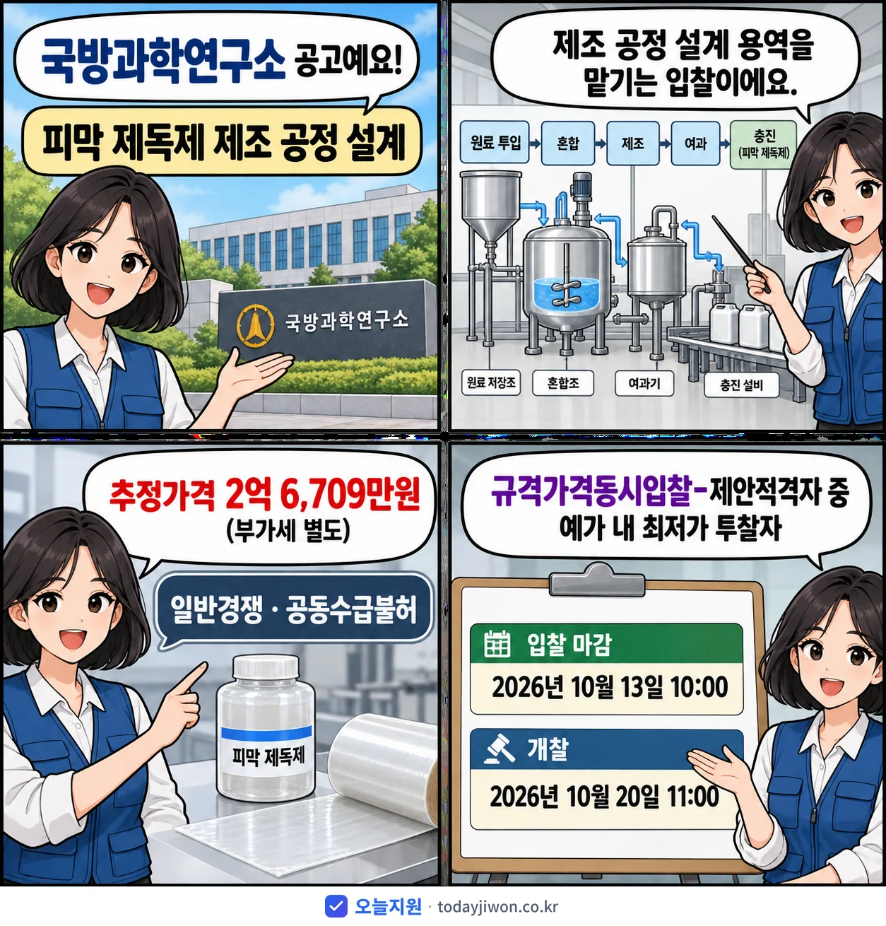 4컷 만화로 보는 공고: 국방과학연구소 '피막 제독제 제조 공정 설계', 추정가격 2억 6,709만원, 입찰 마감 10/13 10:00