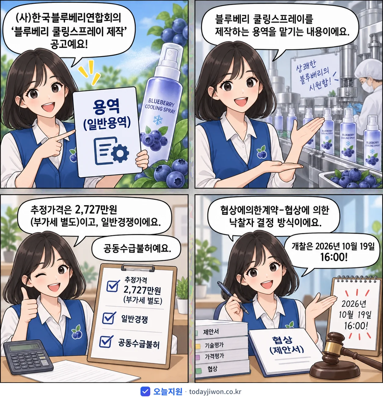 4컷 만화로 보는 공고: (사)한국블루베리연합회 '블루베리 쿨링스프레이 제작', 추정가격 2,727만원