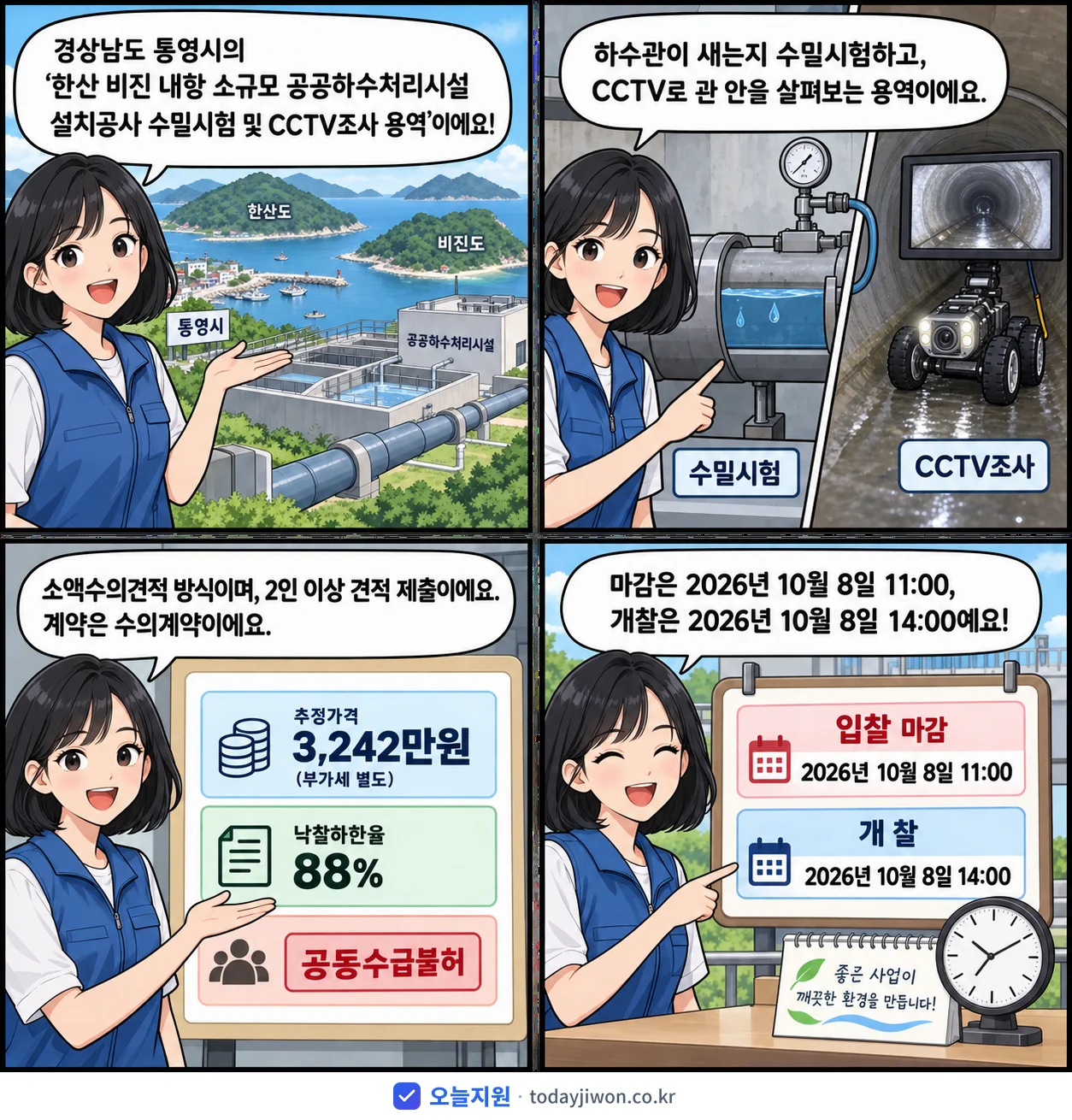 4컷 만화로 보는 공고: 경상남도 통영시 '한산 비진 내항 소규모 공공하수처리시설 설치공사 수밀시험 및 CCTV조…', 추정가격 3,242만원, 입찰 마감 10/8 11:00