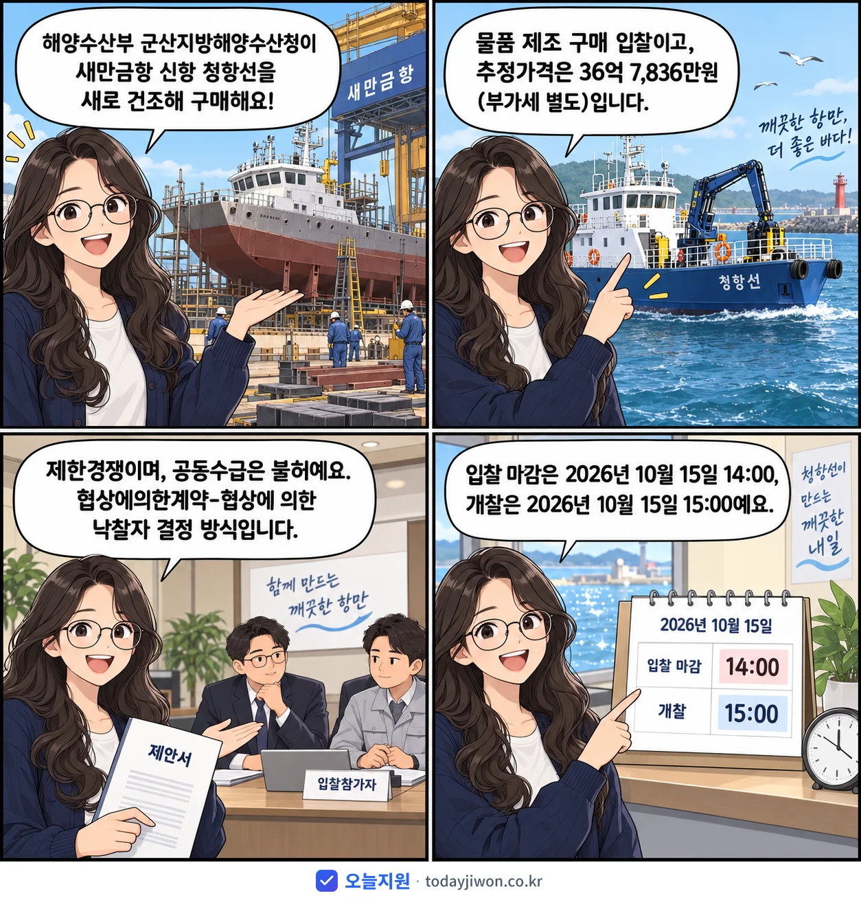 4컷 만화로 보는 공고: 해양수산부 군산지방해양수산청 '새만금항 신항 청항선 건조 제조 구매 입찰공고', 추정가격 36억 7,836만원, 입찰 마감 10/15 14:00