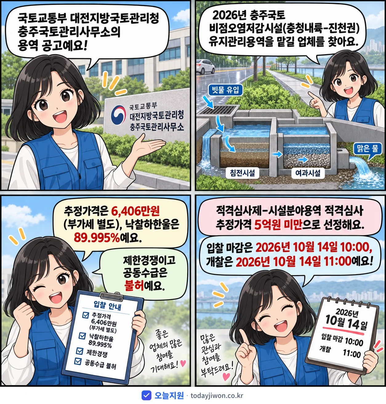 4컷 만화로 보는 공고: 국토교통부 대전지방국토관리청 충주국토관리사무소 '충주국토 비점오염저감시설(충청내륙-진천권) 유지관리용역', 추정가격 6,406만원, 입찰 마감 10/14 10:00