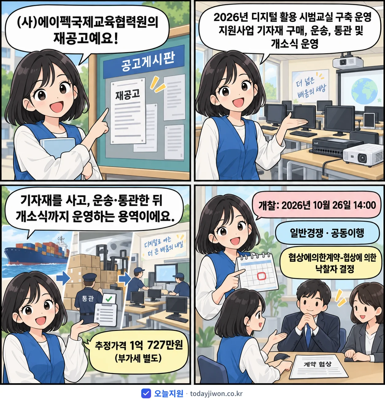 4컷 만화로 보는 공고: (사)에이펙국제교육협력원 '디지털 활용 시범교실 구축 운영 지원사업 기자재 구매, 운송, 통관 및…', 추정가격 1억 727만원