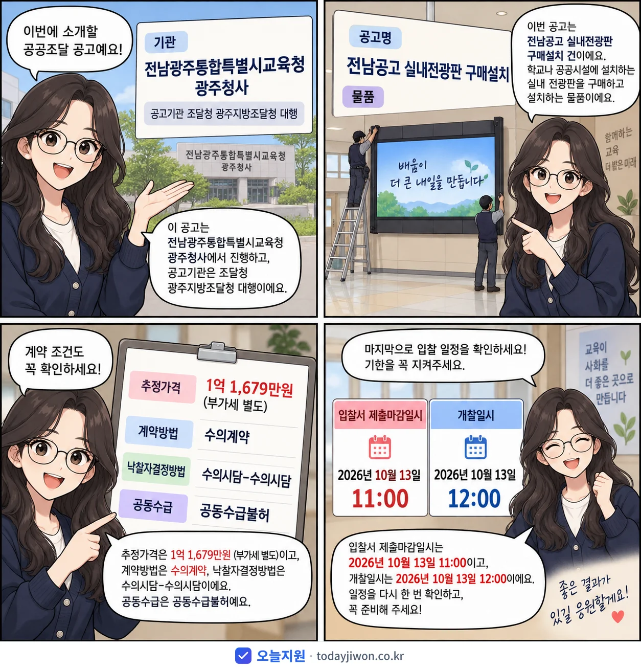 4컷 만화로 보는 공고: 전남광주통합특별시교육청 광주청사 '전남공고 실내전광판 구매설치', 추정가격 1억 1,679만원, 입찰 마감 10/13 11:00