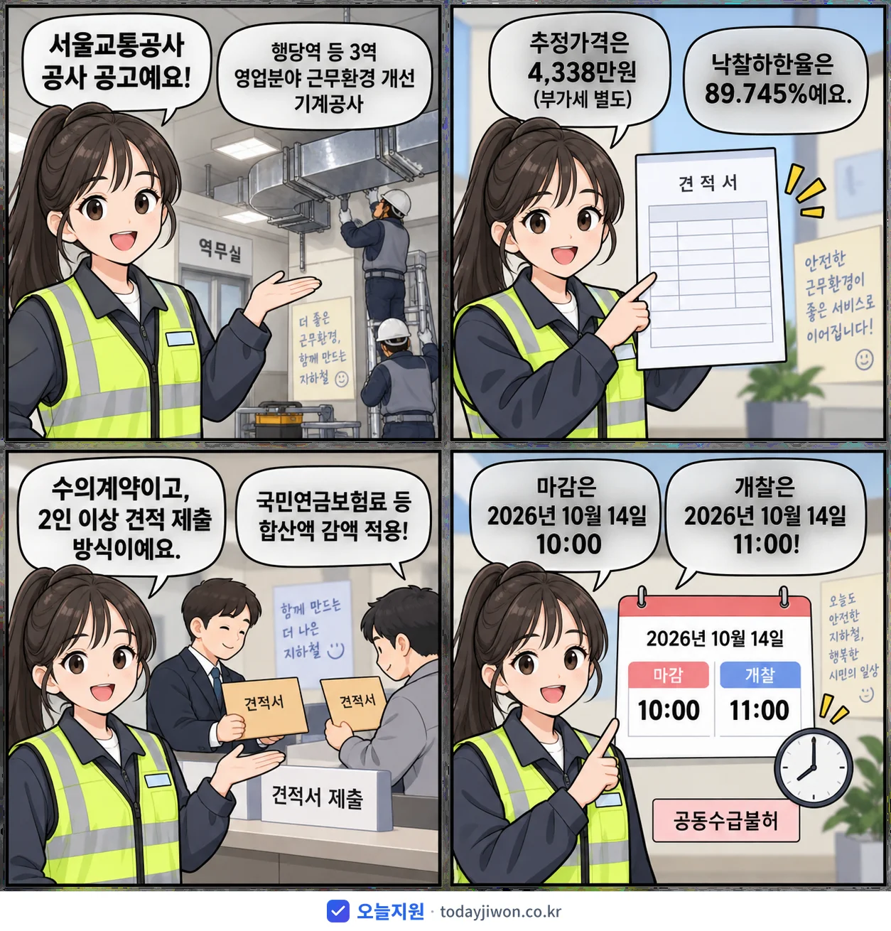 4컷 만화로 보는 공고: 서울교통공사 '행당역 등 3역 영업분야 근무환경 개선 기계공사', 추정가격 4,338만원, 입찰 마감 10/14 10:00