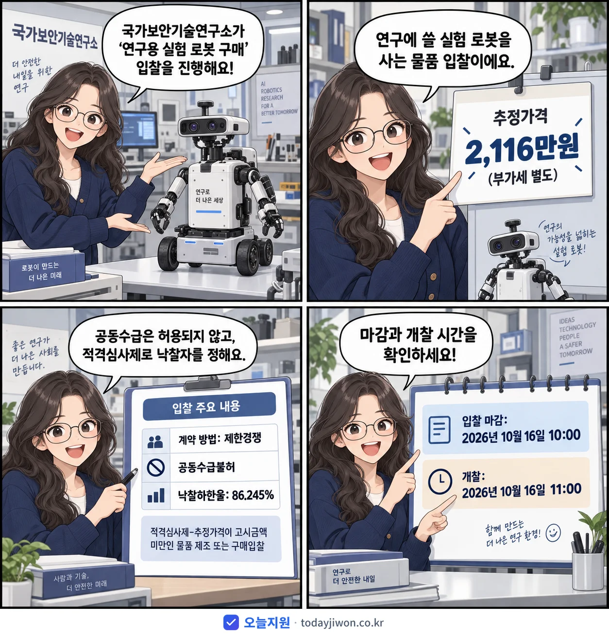 4컷 만화로 보는 공고: 국가보안기술연구소 '연구용 실험 로봇 구매', 추정가격 2,116만원, 입찰 마감 10/16 10:00