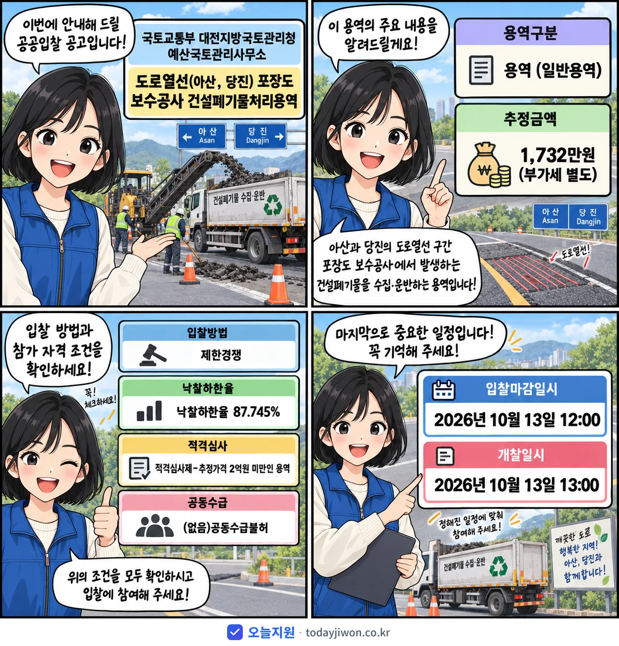4컷 만화로 보는 공고: 국토교통부 대전지방국토관리청 예산국토관리사무소 '도로열선(아산,당진) 포장도 보수공사 건설폐기물처리용역', 추정가격 1,732만원, 입찰 마감 10/13 12:00