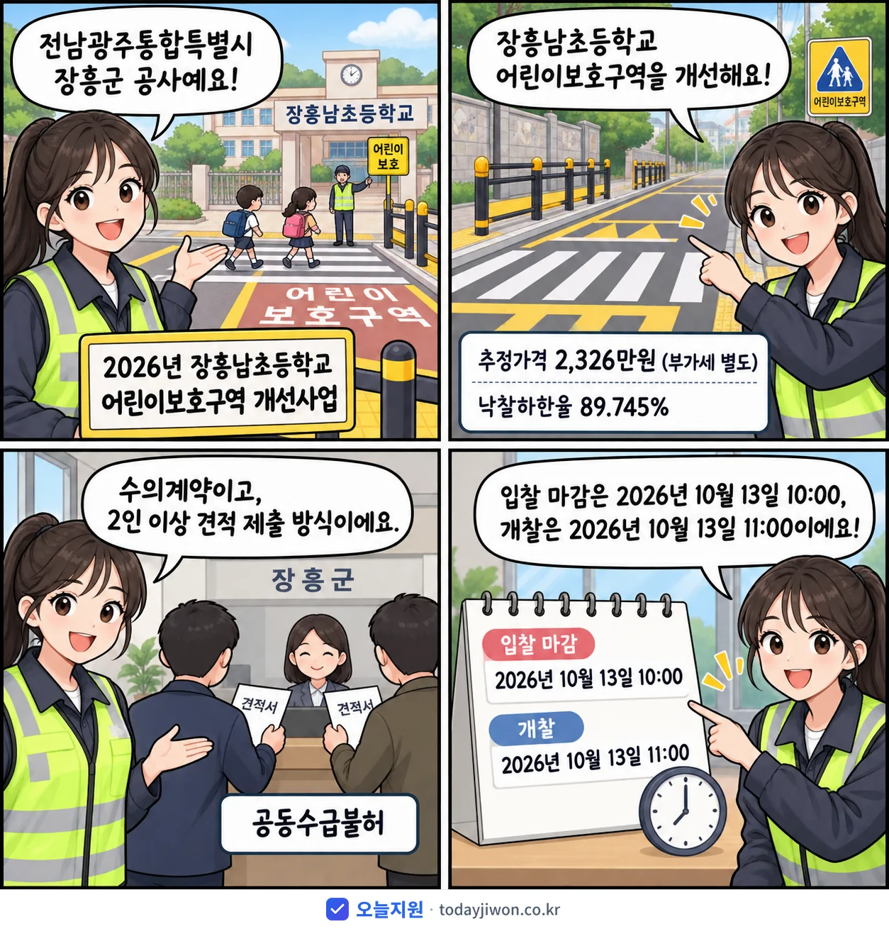 4컷 만화로 보는 공고: 전남광주통합특별시 장흥군 '장흥남초등학교 어린이보호구역 개선사업', 추정가격 2,326만원, 입찰 마감 10/13 10:00