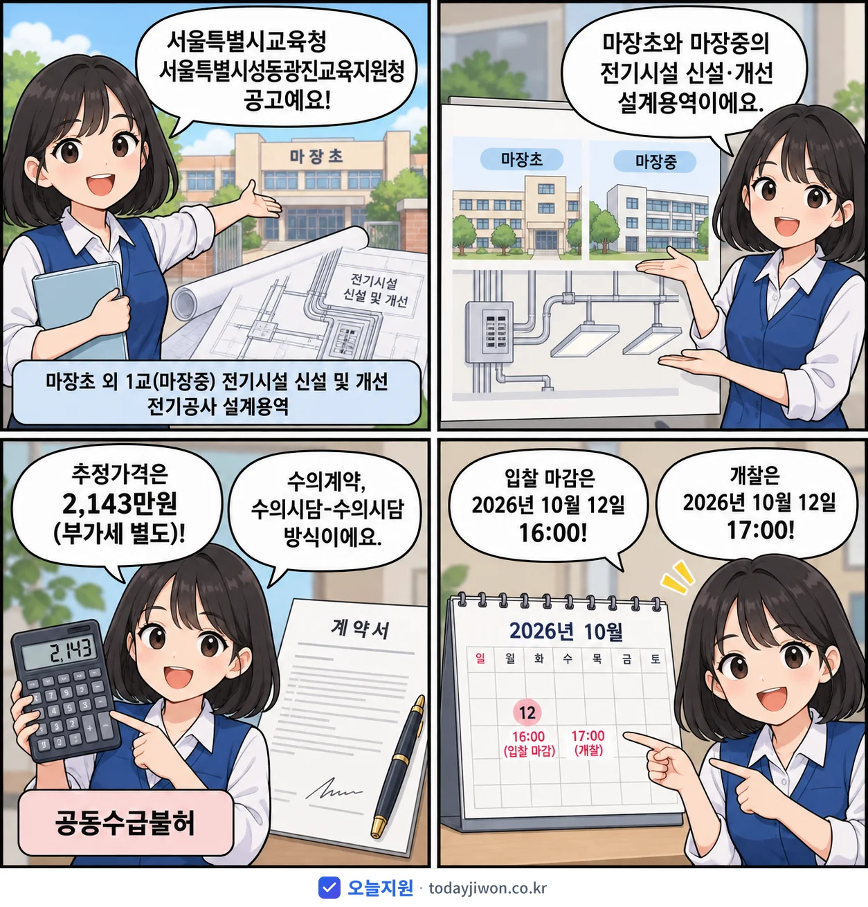 4컷 만화로 보는 공고: 서울특별시교육청 서울특별시성동광진교육지원청 '마장초 외 1교(마장중) 전기시설 신설 및 개선 전기공사 설계용역', 추정가격 2,143만원, 입찰 마감 10/12 16:00