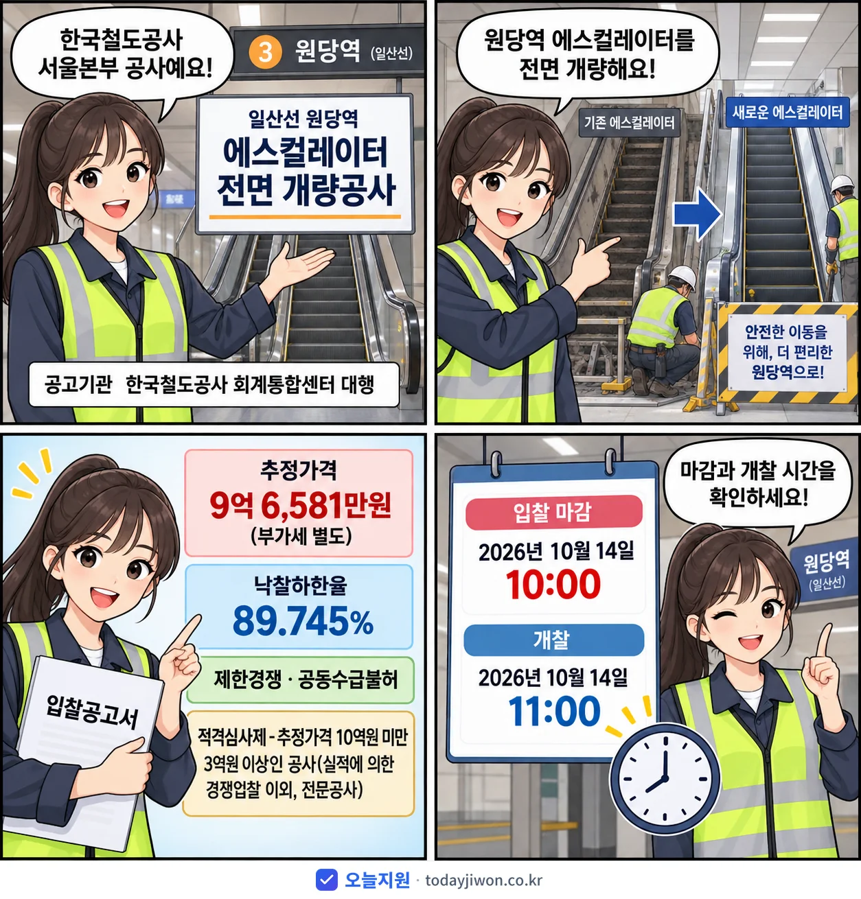 4컷 만화로 보는 공고: 한국철도공사 서울본부 '일산선 원당역 에스컬레이터 전면 개량공사', 추정가격 9억 6,581만원, 입찰 마감 10/14 10:00