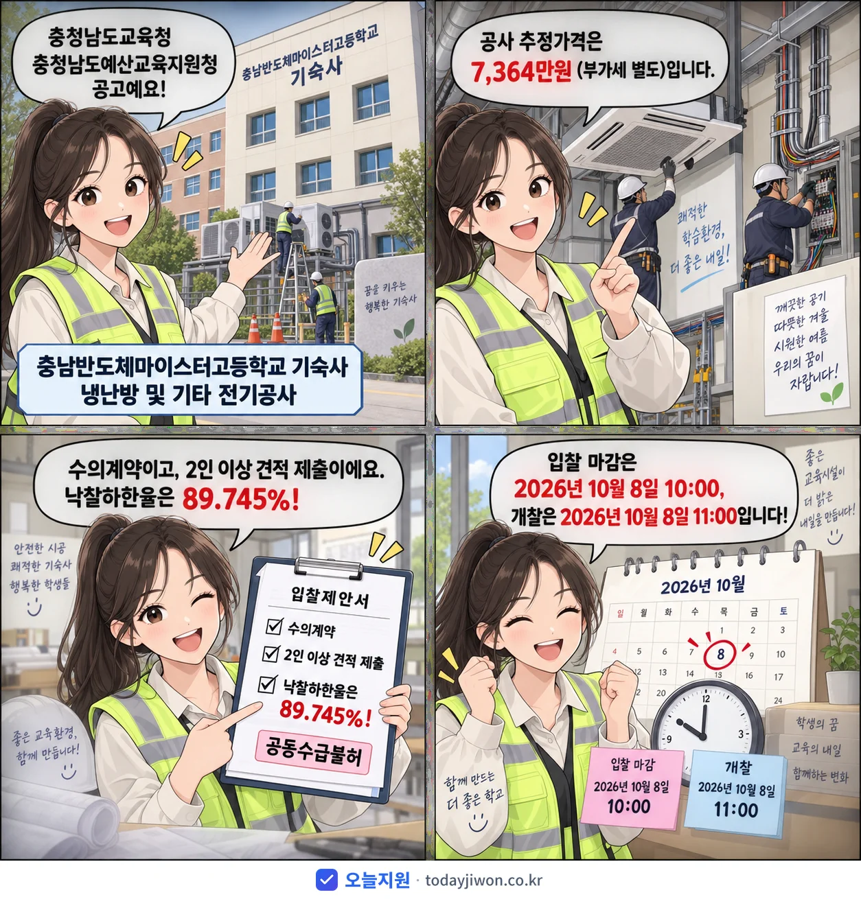 4컷 만화로 보는 공고: 충청남도교육청 충청남도예산교육지원청 '충남반도체마이스터고등학교 기숙사 냉난방 및 기타 전기공사', 추정가격 7,364만원, 입찰 마감 10/8 10:00