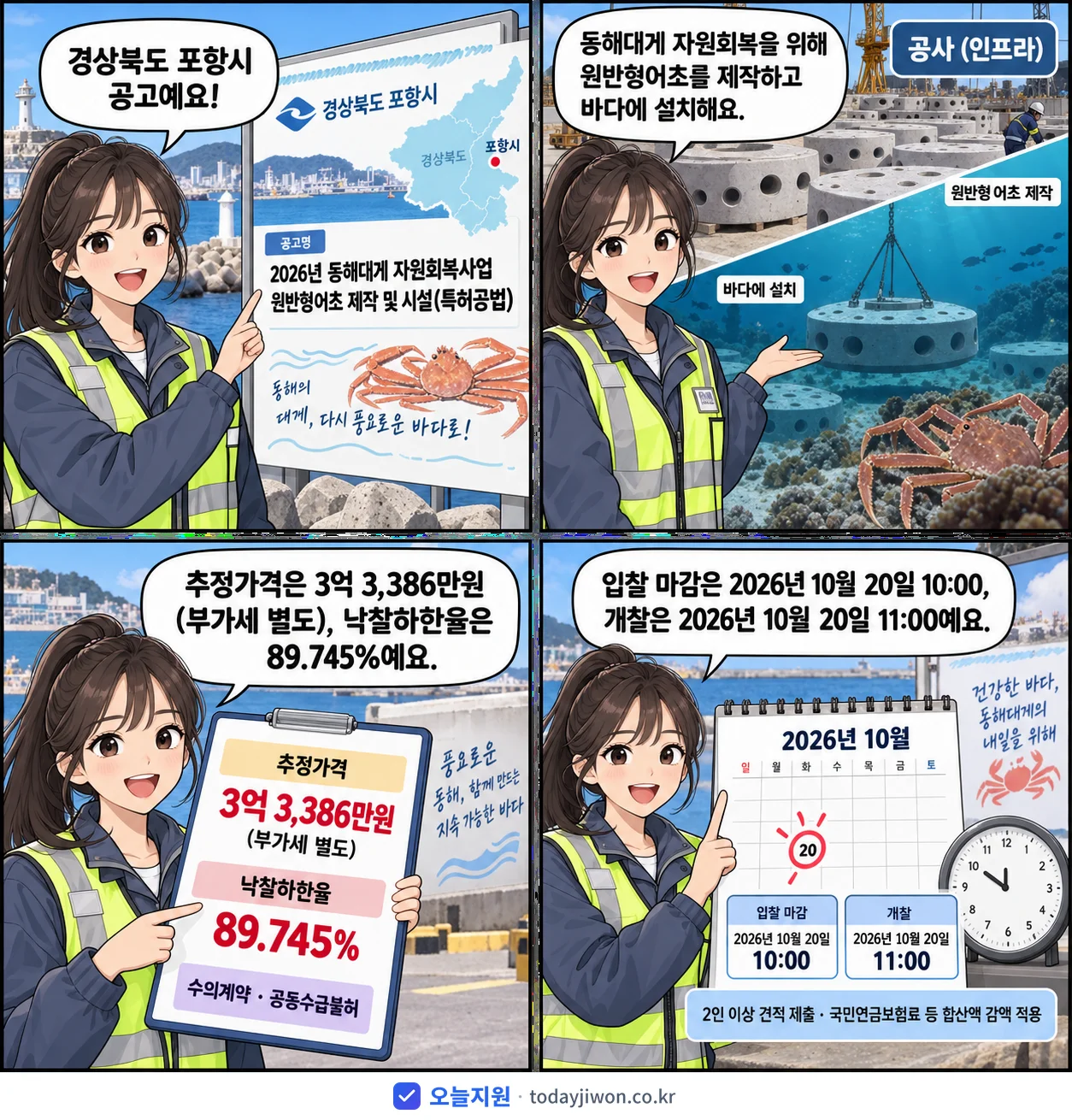4컷 만화로 보는 공고: 경상북도 포항시 '동해대게 자원회복사업 원반형어초 제작 및 시설(특허공법)', 추정가격 3억 3,386만원, 입찰 마감 10/20 10:00