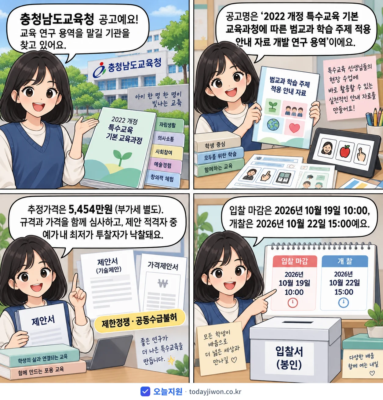 4컷 만화로 보는 공고: 충청남도교육청 '개정 특수교육 기본 교육과정에 따른 범교과 학습 주제 적용 안내 자료…', 추정가격 5,454만원, 입찰 마감 10/19 10:00
