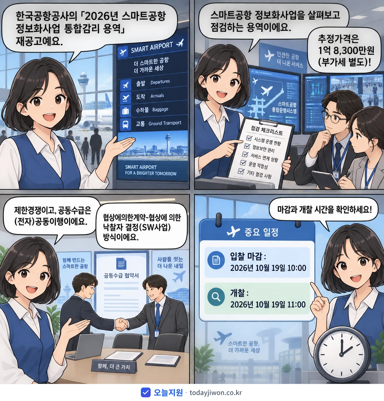4컷 만화로 보는 공고: 한국공항공사 '스마트공항 정보화사업 통합감리 용역', 추정가격 1억 8,300만원, 입찰 마감 10/19 10:00