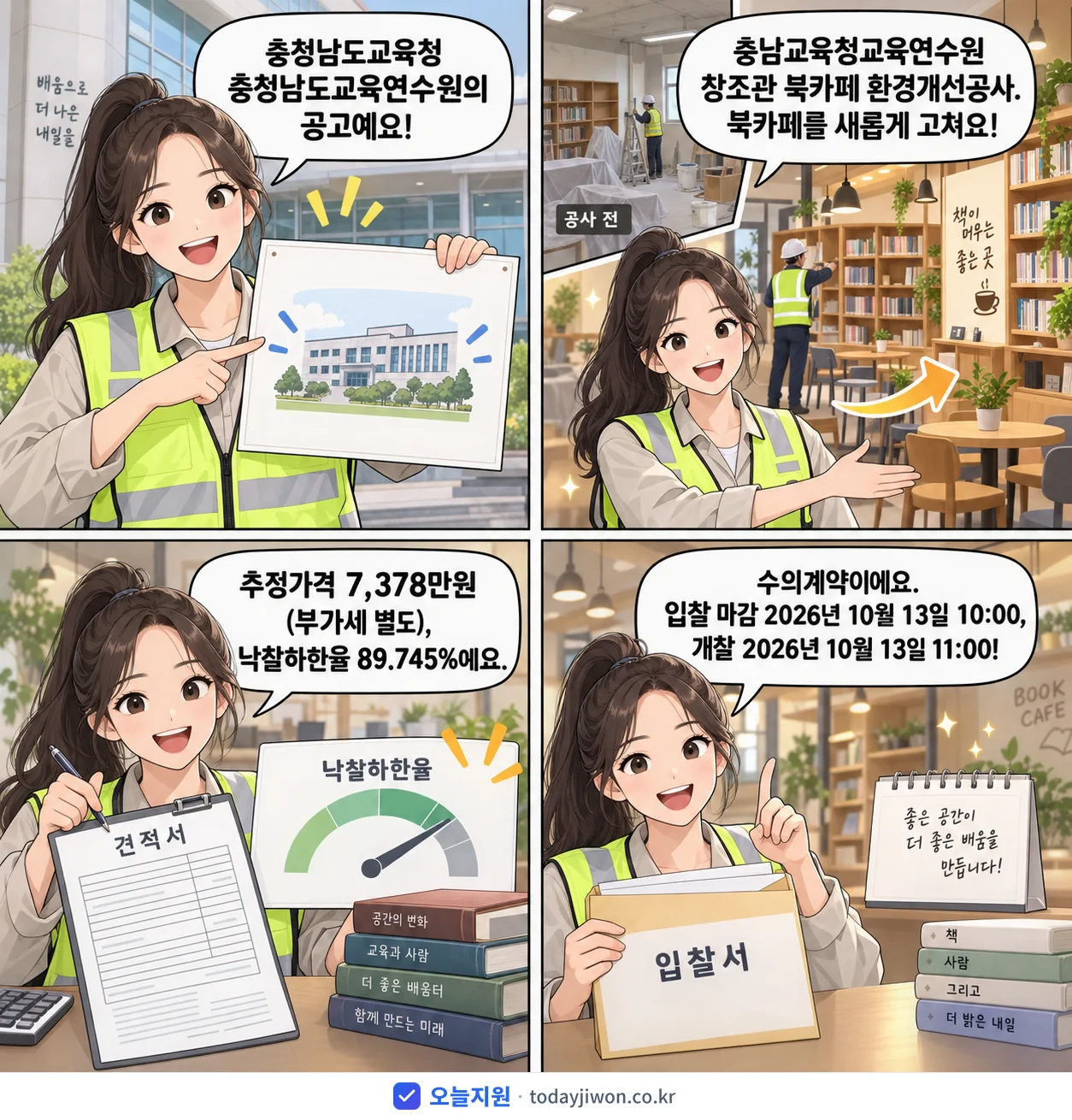 4컷 만화로 보는 공고: 충청남도교육청 충청남도교육연수원 '충남교육청교육연수원 창조관 북카페 환경개선공사', 추정가격 7,378만원, 입찰 마감 10/13 10:00