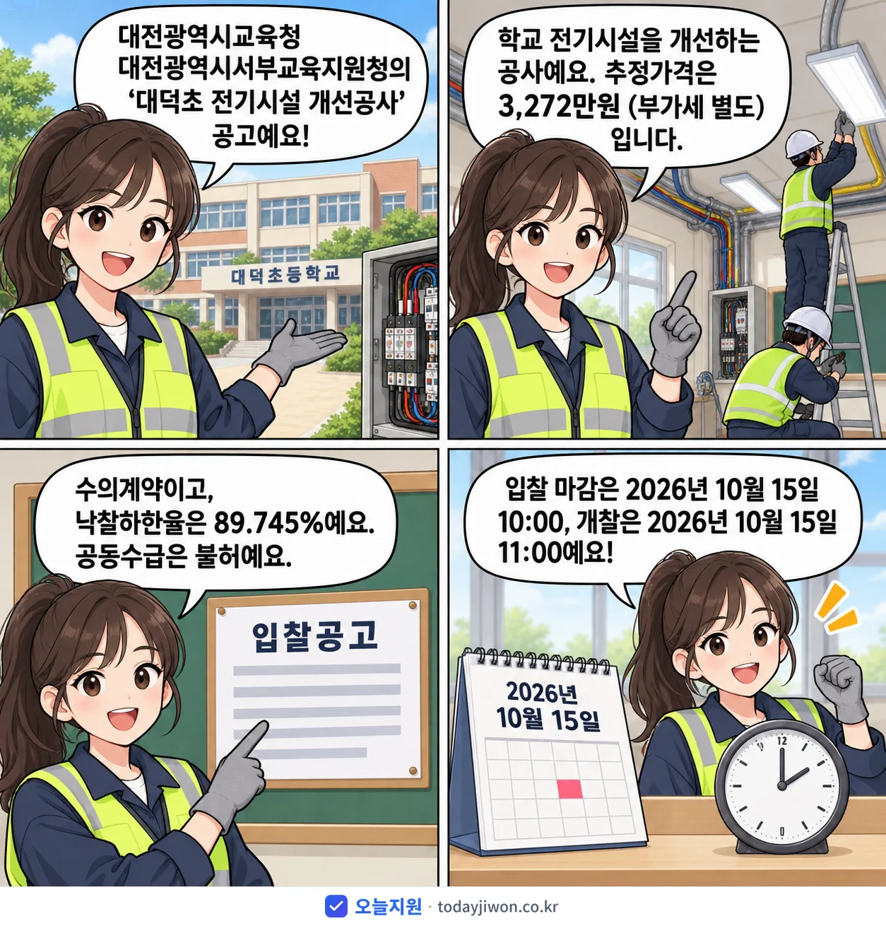 4컷 만화로 보는 공고: 대전광역시교육청 대전광역시서부교육지원청 '대덕초 전기시설 개선공사', 추정가격 3,272만원, 입찰 마감 10/15 10:00