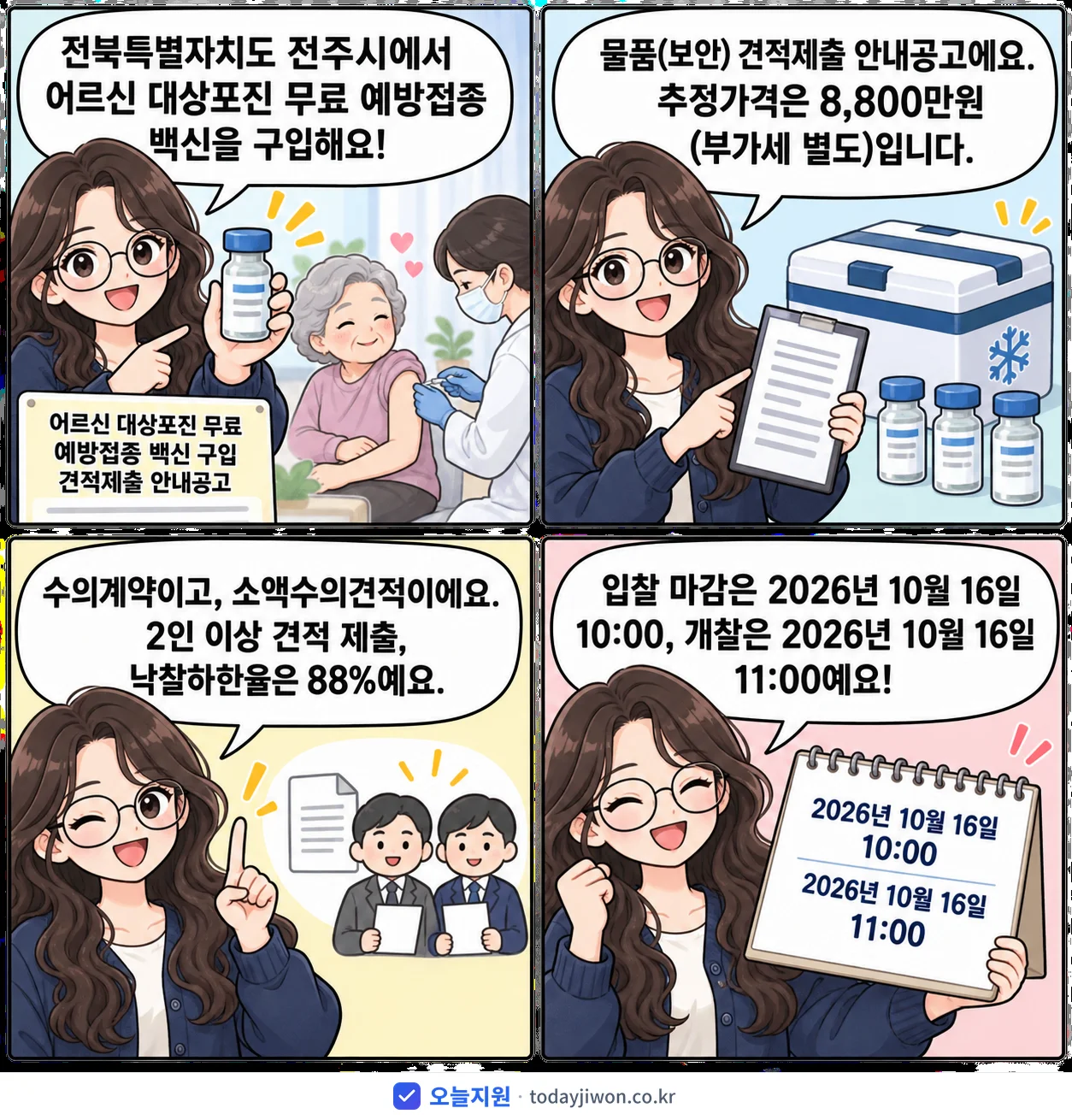 4컷 만화로 보는 공고: 전북특별자치도 전주시 '어르신 대상포진 무료 예방접종 백신 구입 견적제출 안내공고', 추정가격 8,800만원, 입찰 마감 10/16 10:00