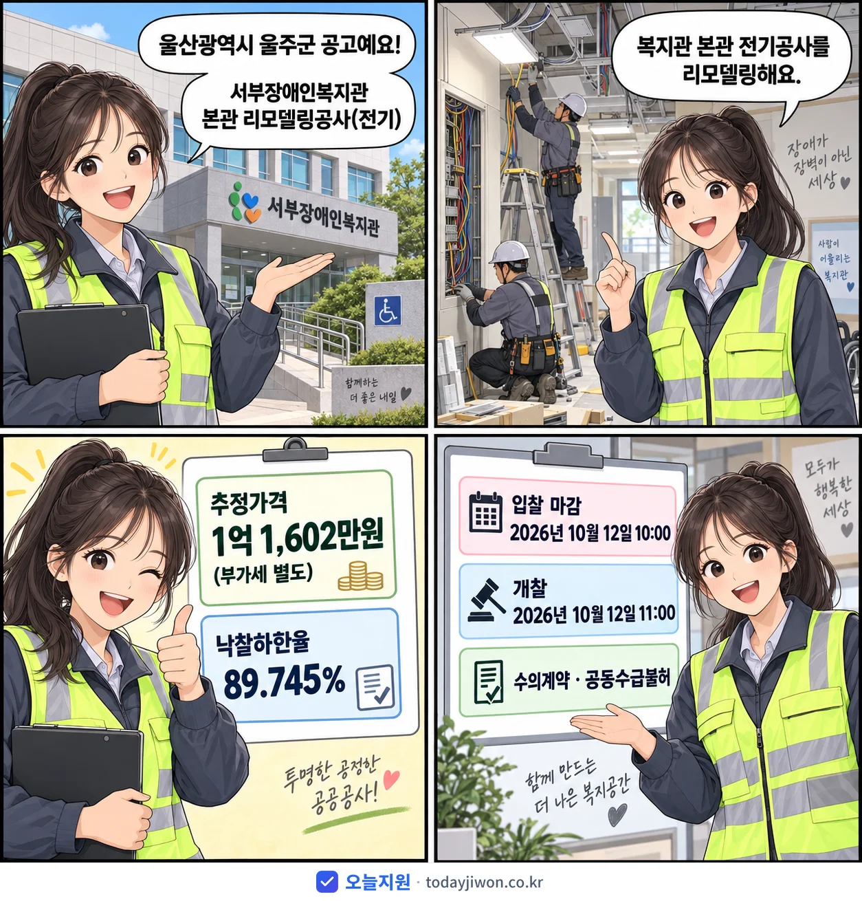 4컷 만화로 보는 공고: 울산광역시 울주군 '서부장애인복지관 본관 리모델링공사(전기)', 추정가격 1억 1,602만원, 입찰 마감 10/12 10:00