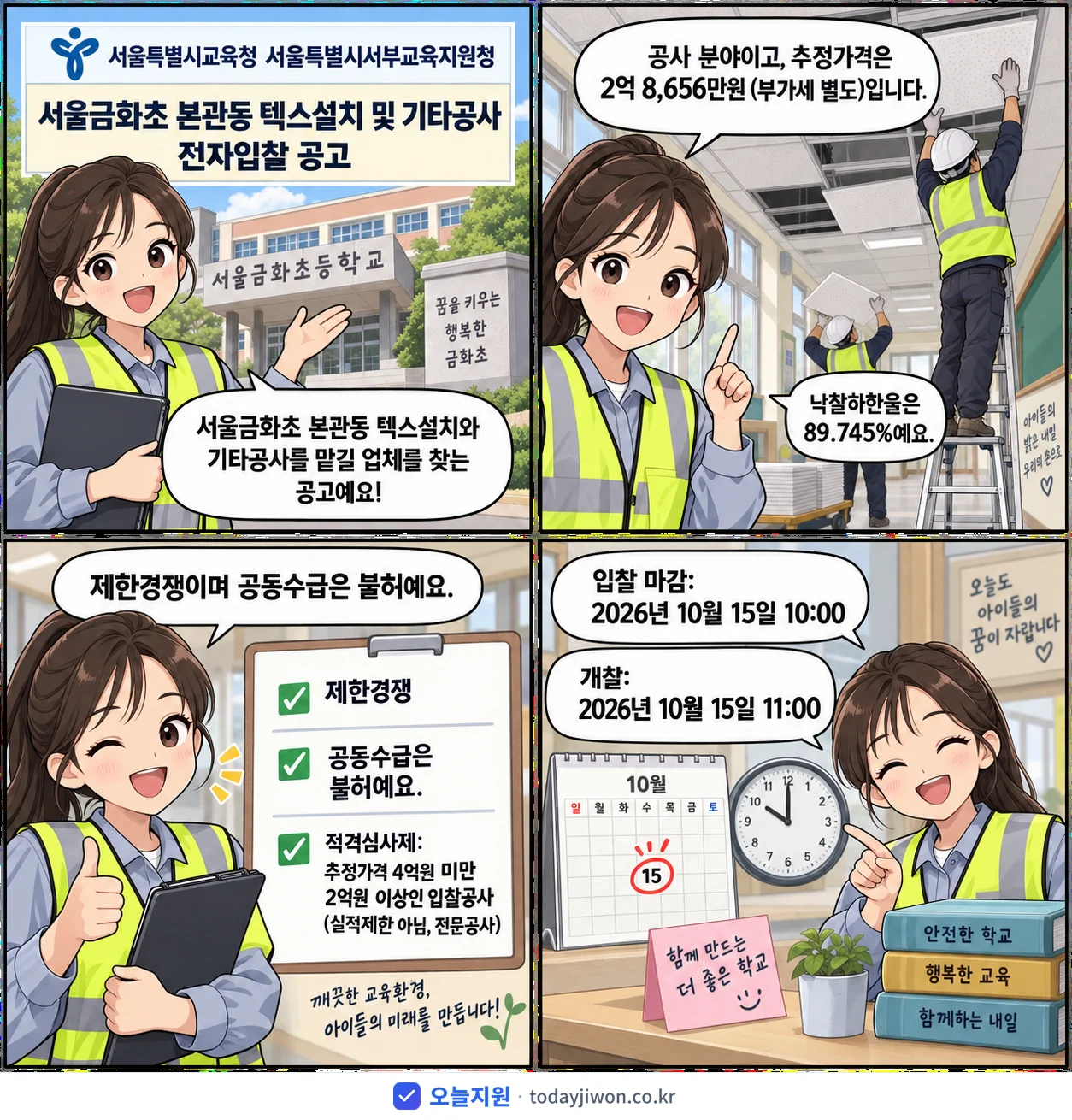 4컷 만화로 보는 공고: 서울특별시교육청 서울특별시서부교육지원청 '서울금화초 본관동 텍스설치 및 기타공사 전자입찰 공고', 추정가격 2억 8,656만원, 입찰 마감 10/15 10:00