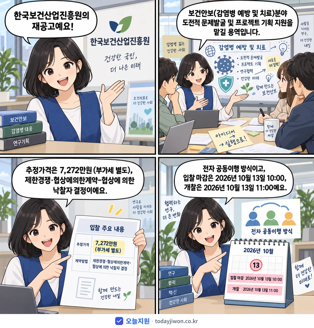 4컷 만화로 보는 공고: 한국보건산업진흥원 '보건안보(감염병 예방 및 치료)분야 도전적 문제발굴 및 프로젝트 기획…', 추정가격 7,272만원, 입찰 마감 10/13 10:00