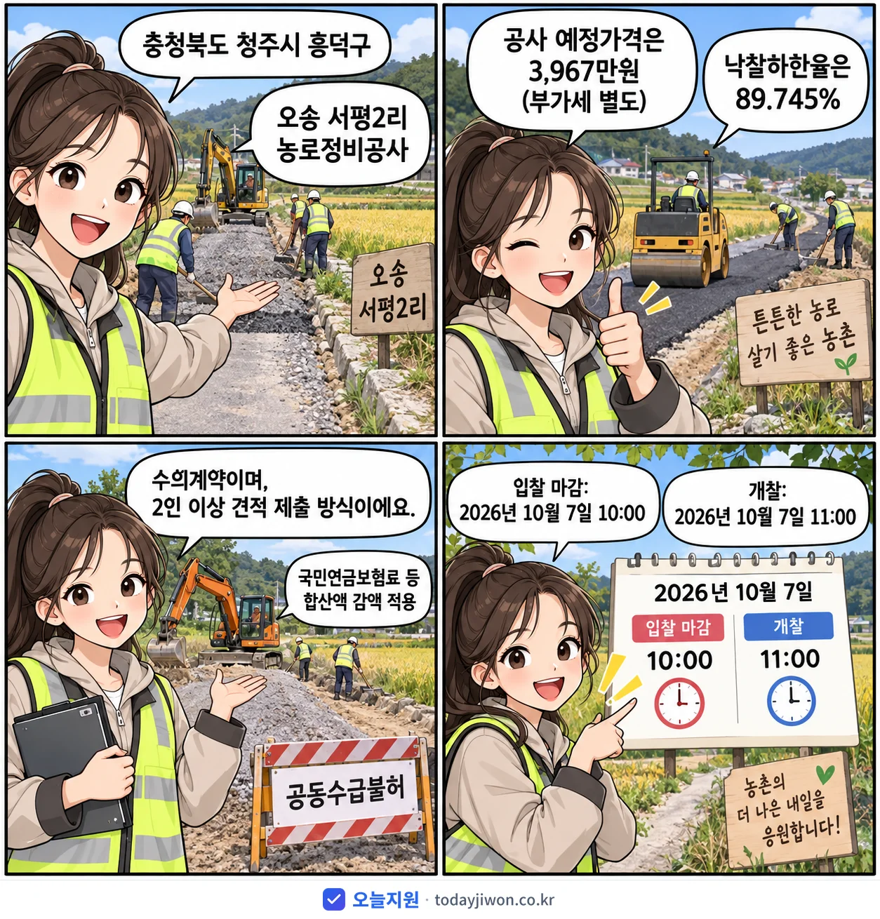 4컷 만화로 보는 공고: 충청북도 청주시 흥덕구 '오송 서평2리 농로정비공사', 추정가격 3,967만원, 입찰 마감 10/7 10:00